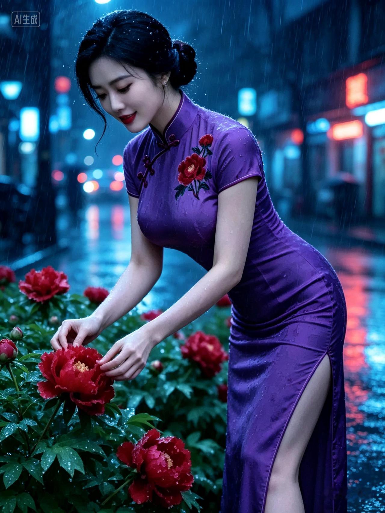 细雨漫过花丛，旗袍与牡丹相映，一颦一笑，皆是独属于中式的浪漫雅致。