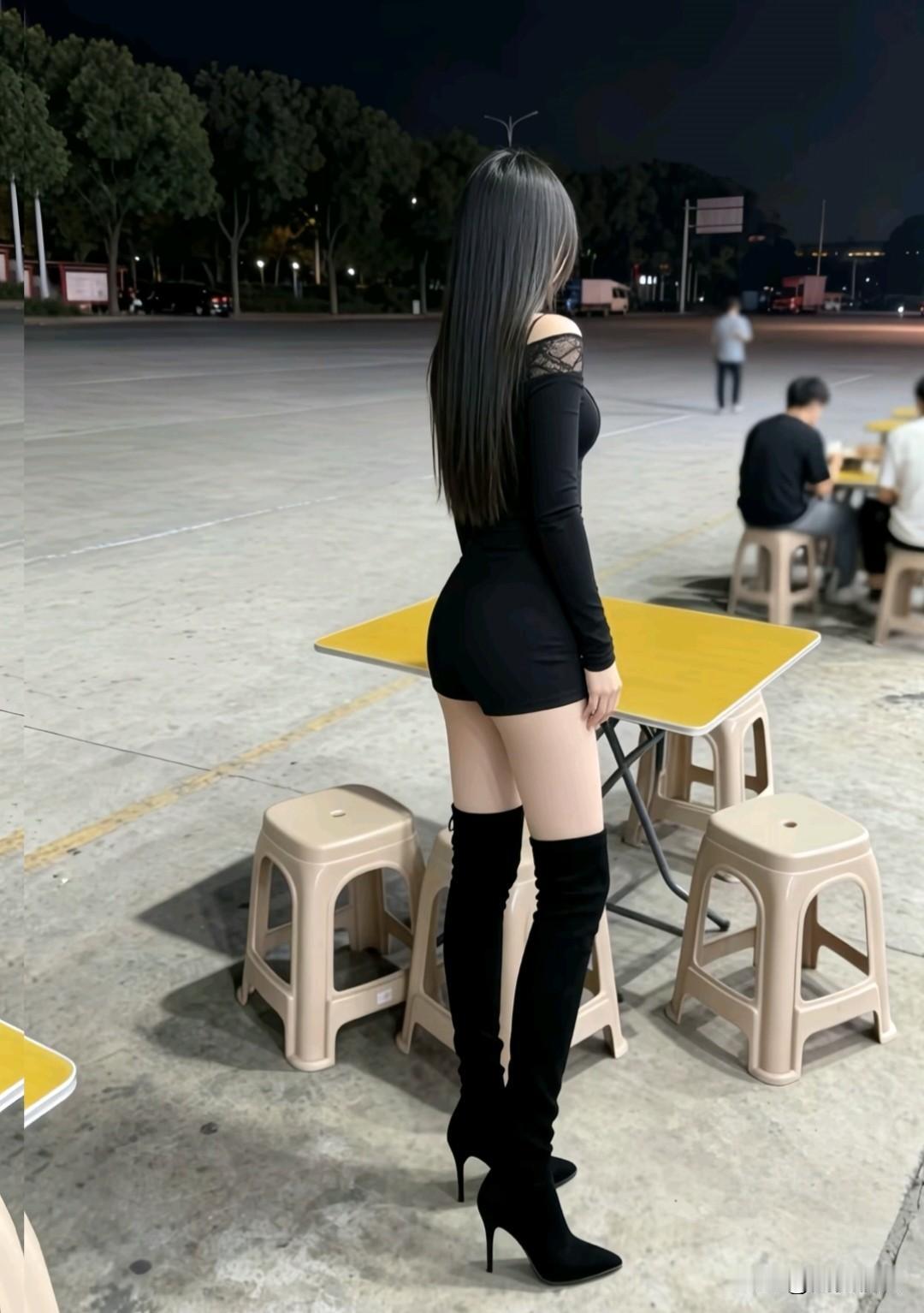 夜晚街头的时尚穿搭，黑色短裙与高跟靴的完美结合，尽显都市魅力！