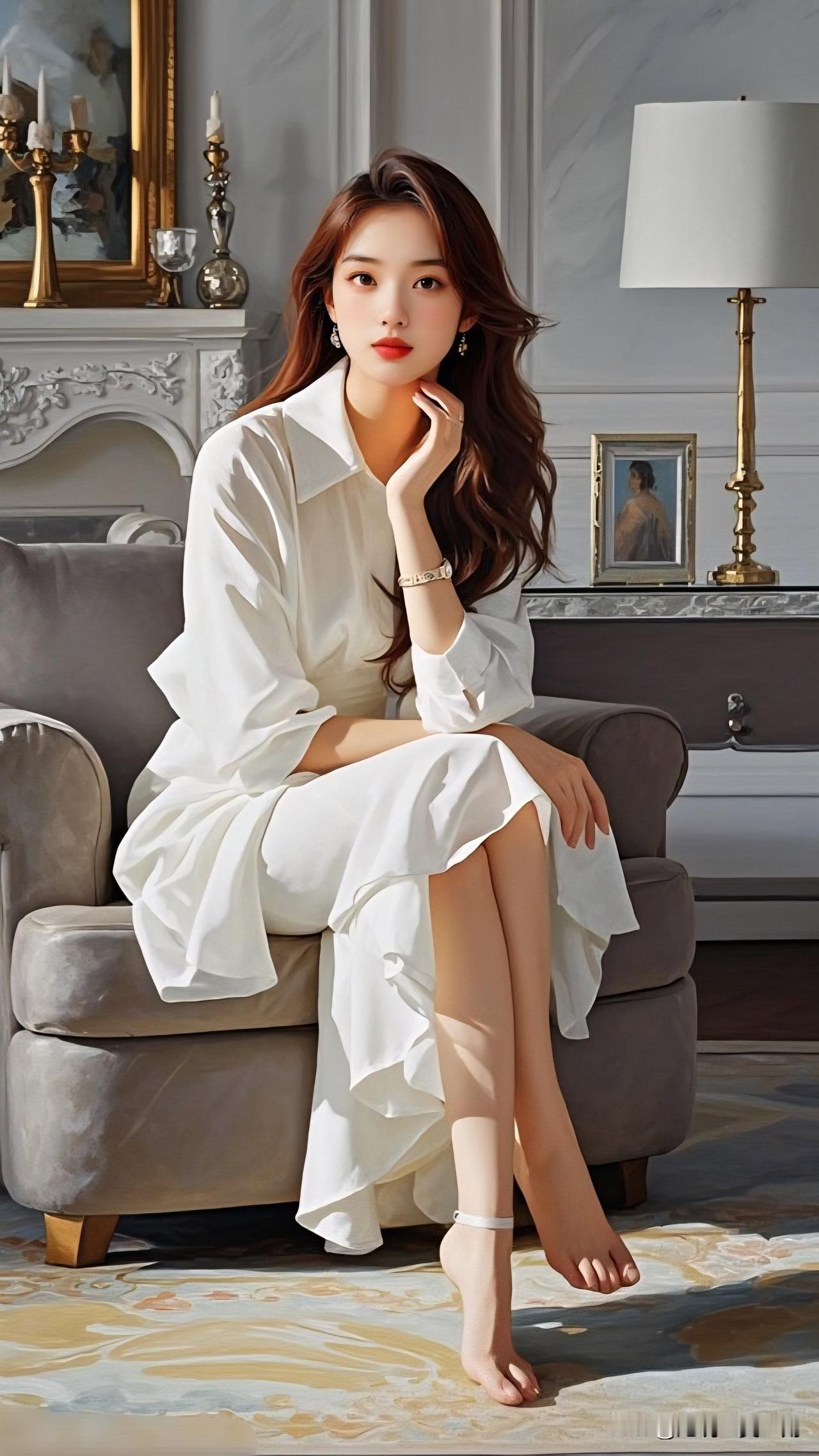 白衣美人坐，静思意自闲。共享美人靓照 优雅白裙，柔美姿态，尽显女性魅力