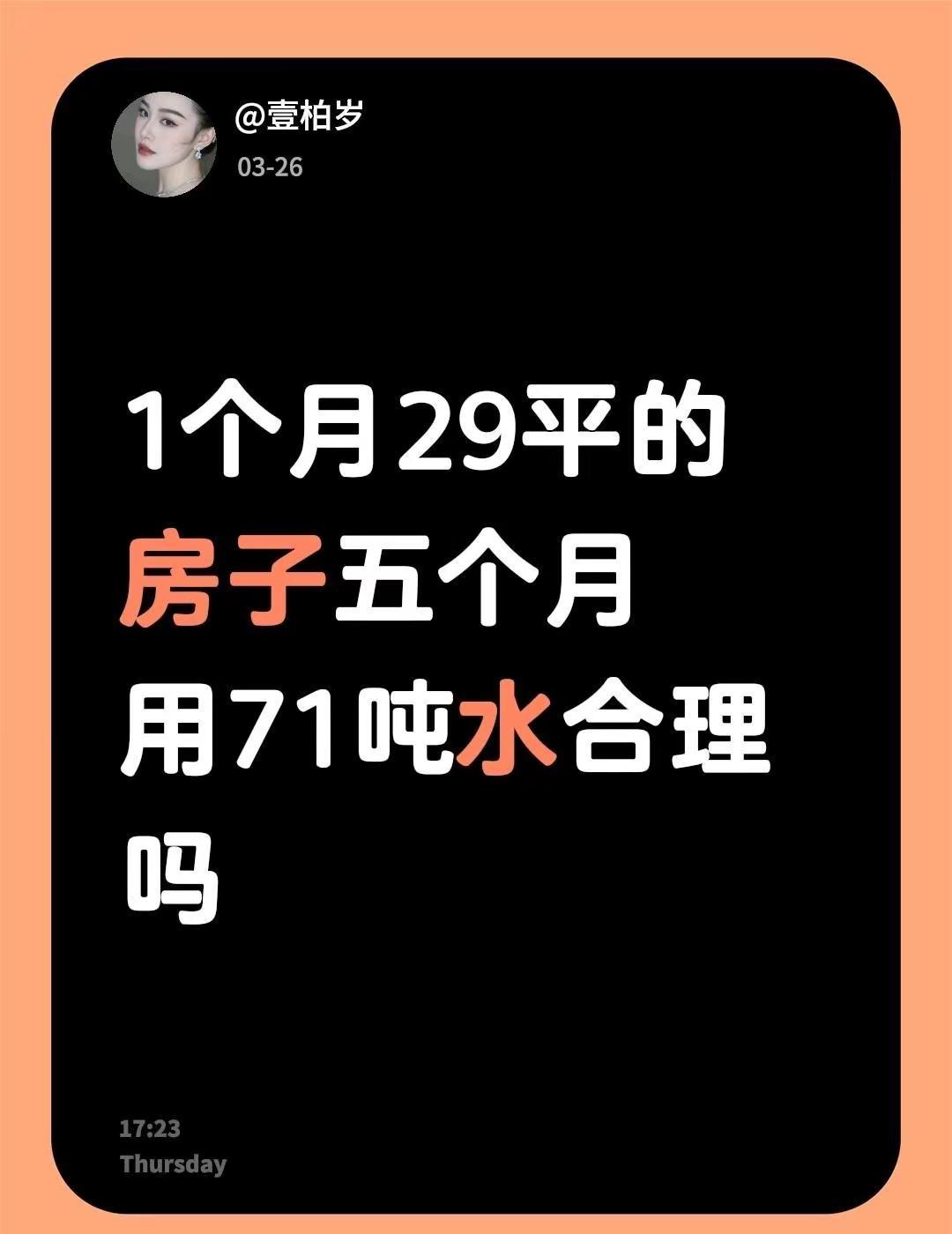 1个月29平的房子五个月用71吨水合理吗
