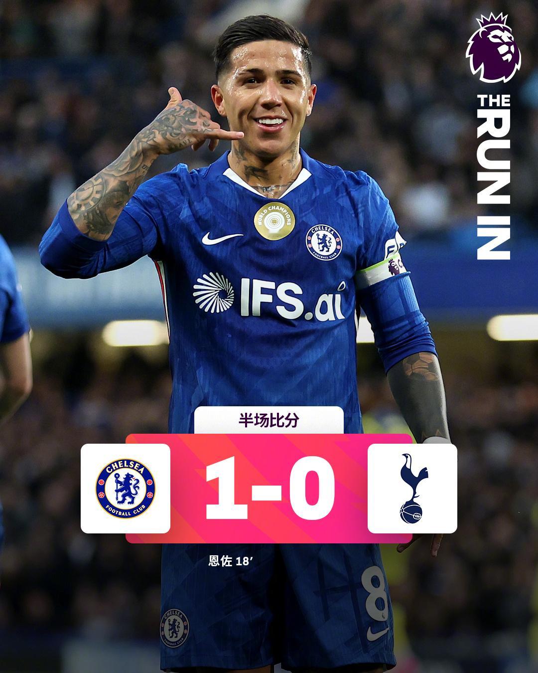半场比分丨切尔西 1-0 热刺⚽第18分钟，恩佐远射轰出世界波英超联赛马上见分晓