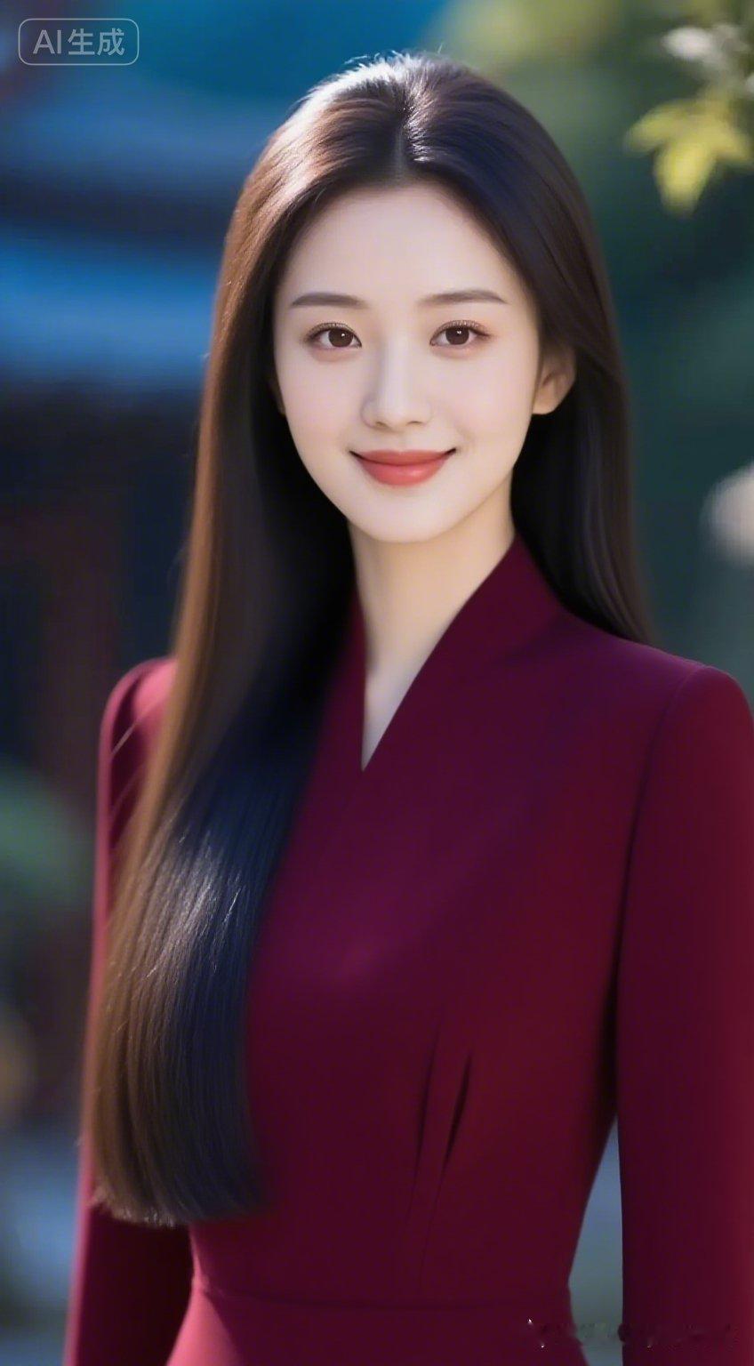 优雅红衣少女，微笑面对阳光