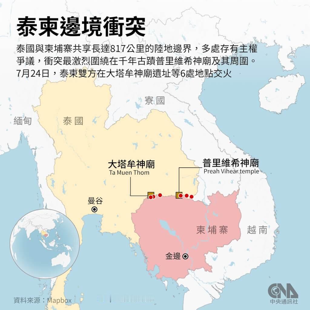 泰国与柬埔寨近日在边境争议区域爆发近年来最严重的军事冲突，导致至少20人死亡，其