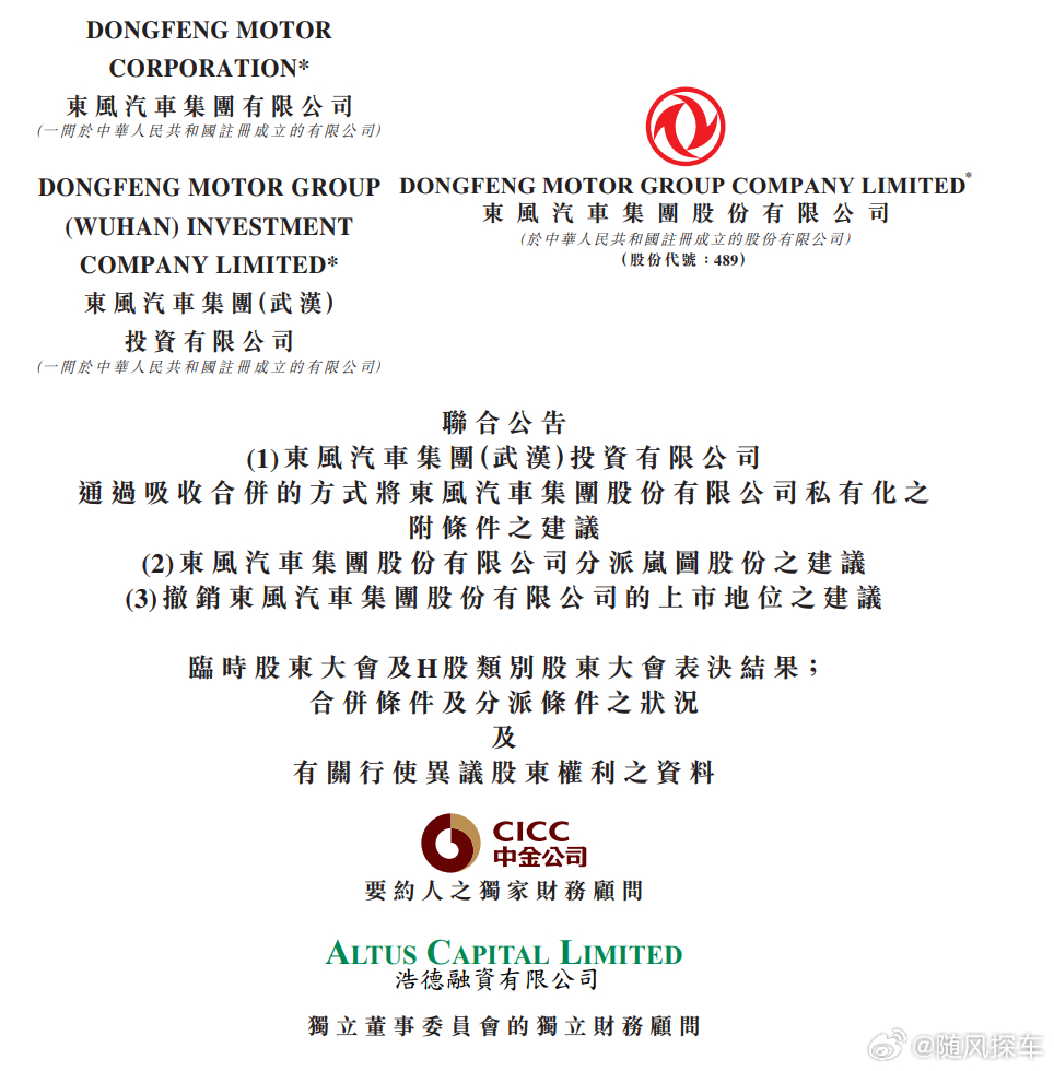 3月9日，东风集团股份（0489.HK）发布公告，其私有化（指由上市公司大股东作
