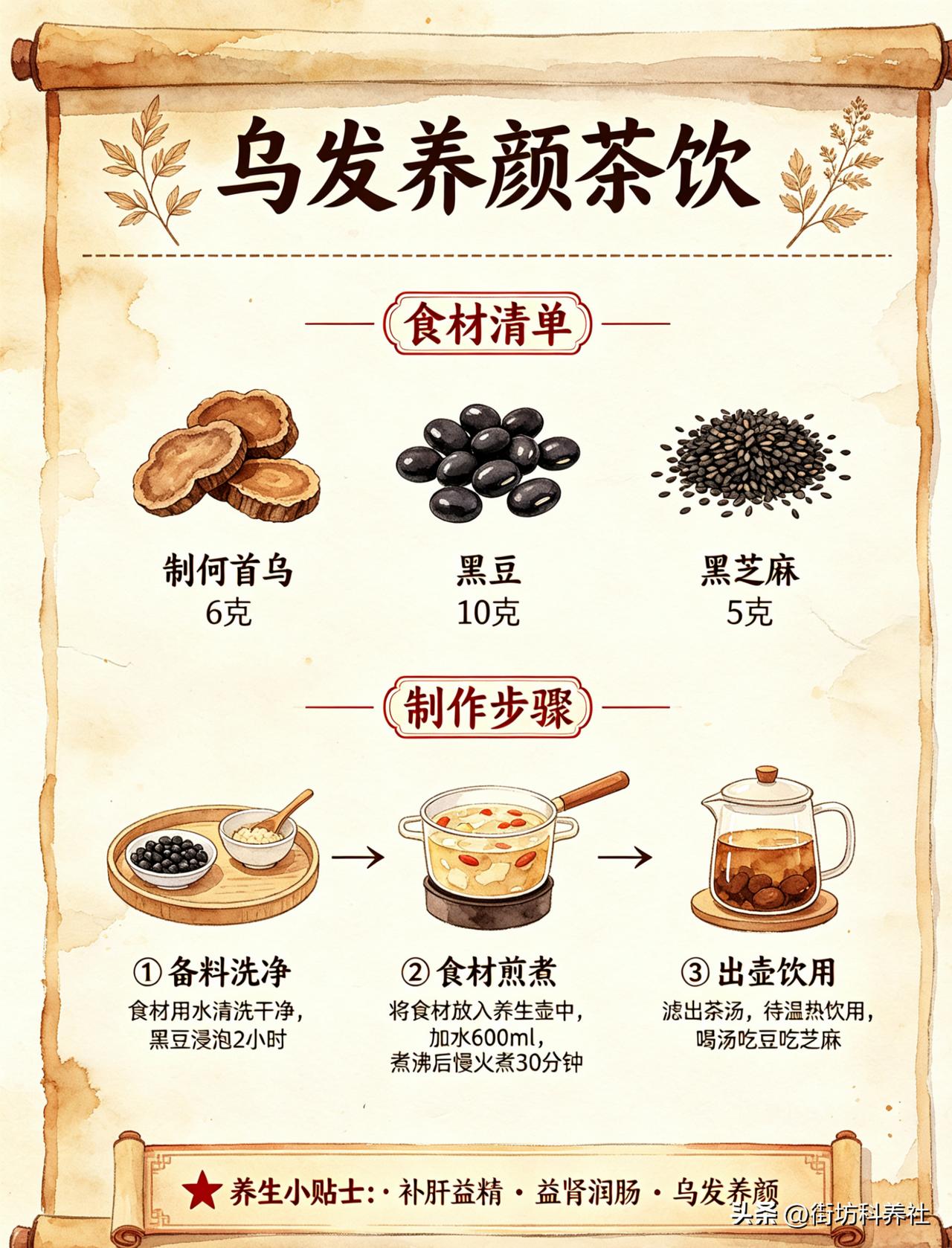 乌发养颜茶饮：补肝益精，益肾润肠，乌发养颜