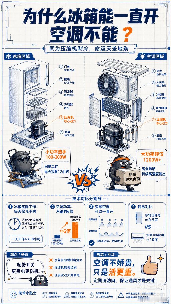为什么冰箱能一直开但空调不能？一直很好奇，冰箱二十四小时通电没事，空调却不建议长