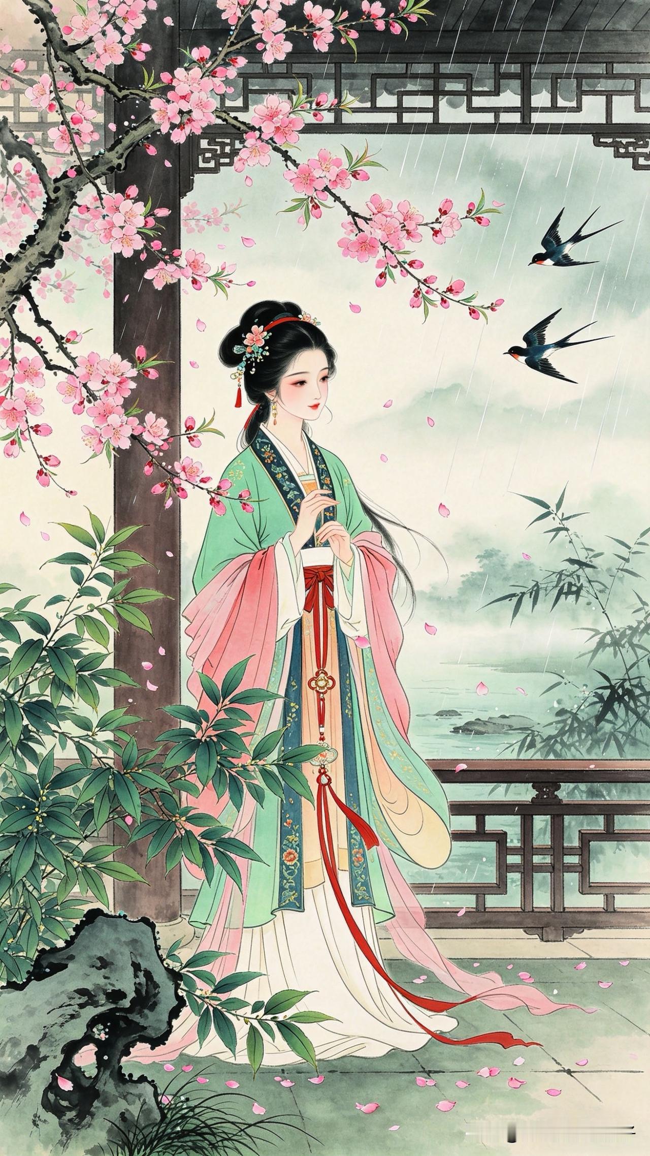 东风拂柳绿初匀，
燕语雕梁唤旧人。
一院梨花开又落，
        
…………