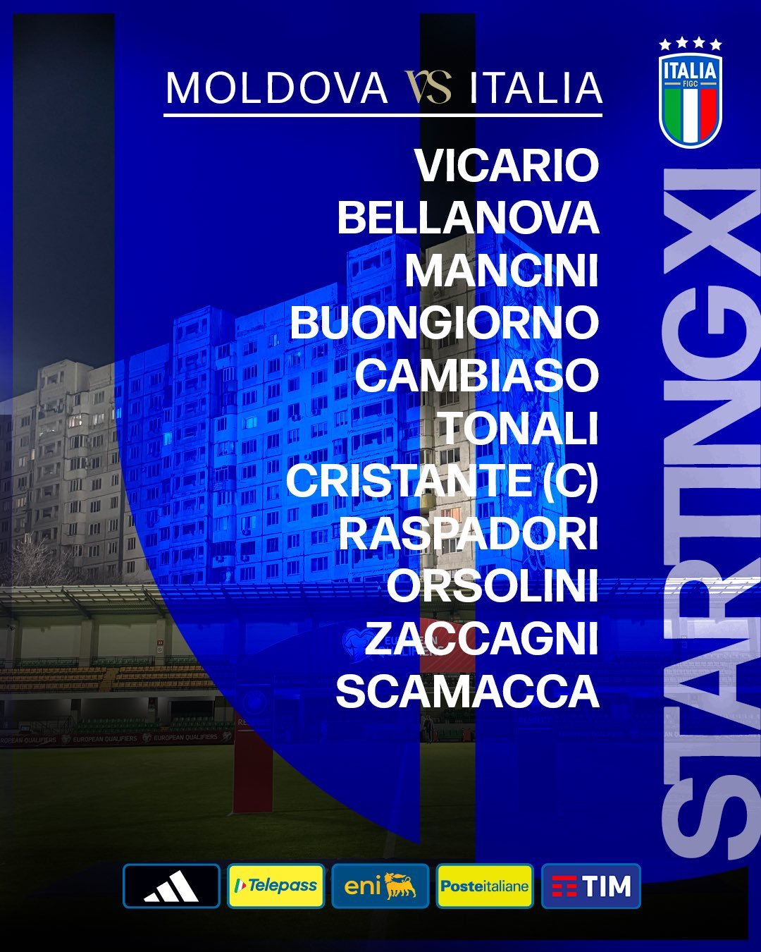 【首发阵容】  意大利客场vs摩尔多瓦，桑德罗·托纳利🇮🇹首发出场。💪🏻