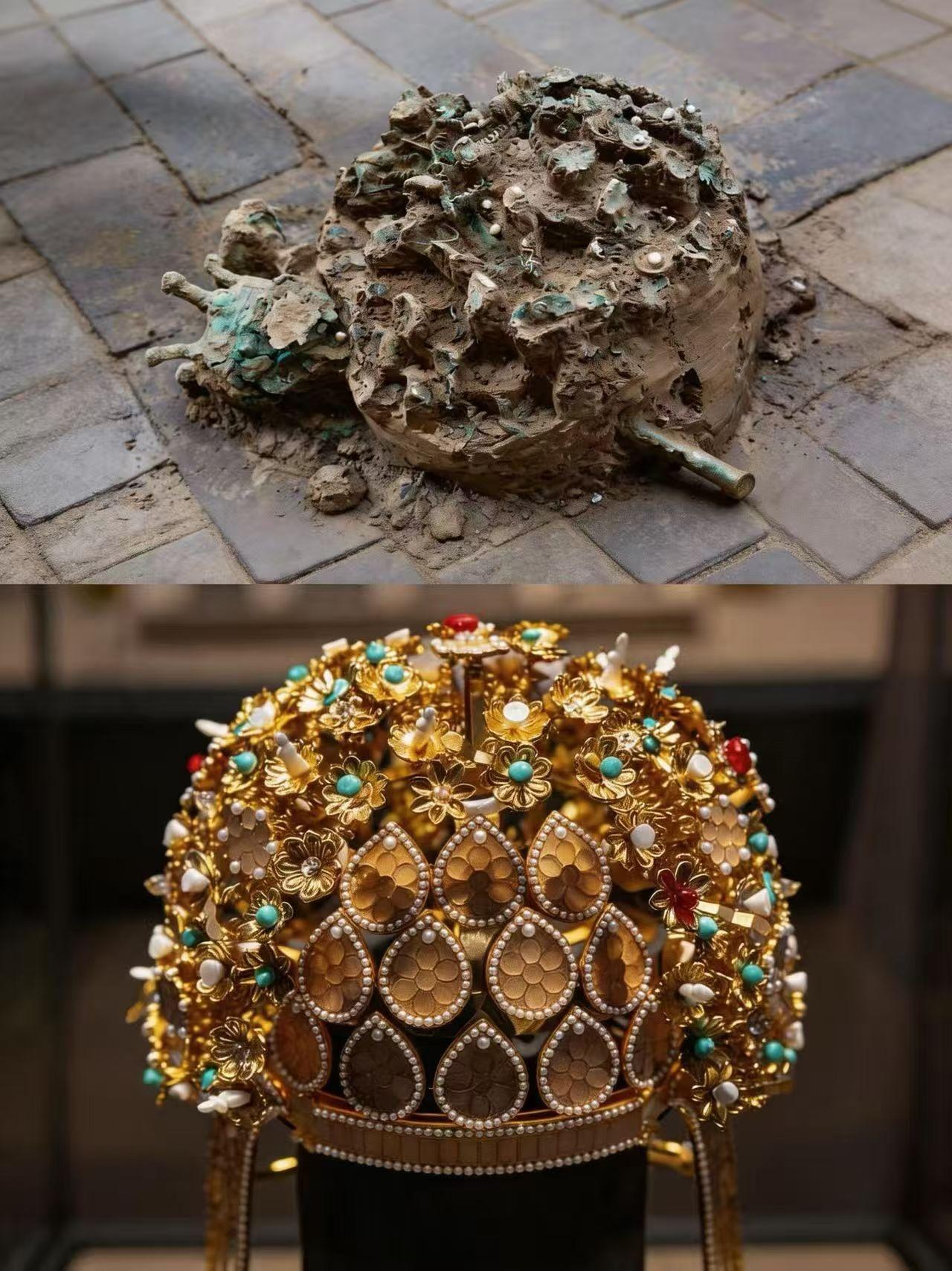 必须给陕西省文物保护研究院点个赞，隋炀帝妻萧皇后后冠，出土一坨土疙瘩，碎成几千片