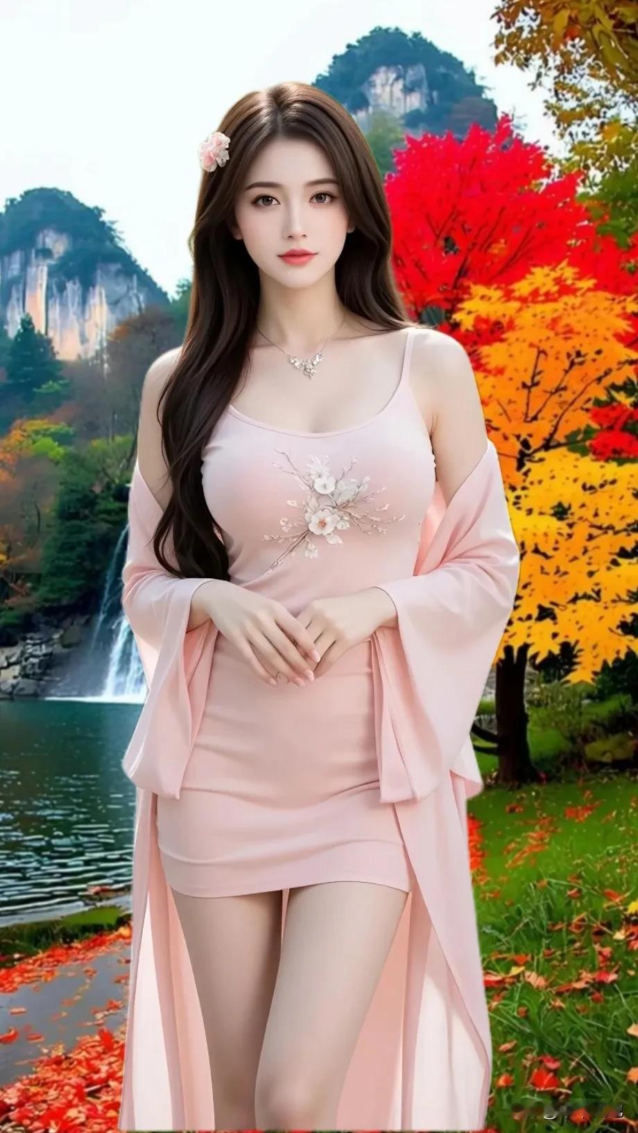 汉服少女置身秋日园林，那画面简直美到极致。园林中满是金黄与火红的树叶，像一幅天然