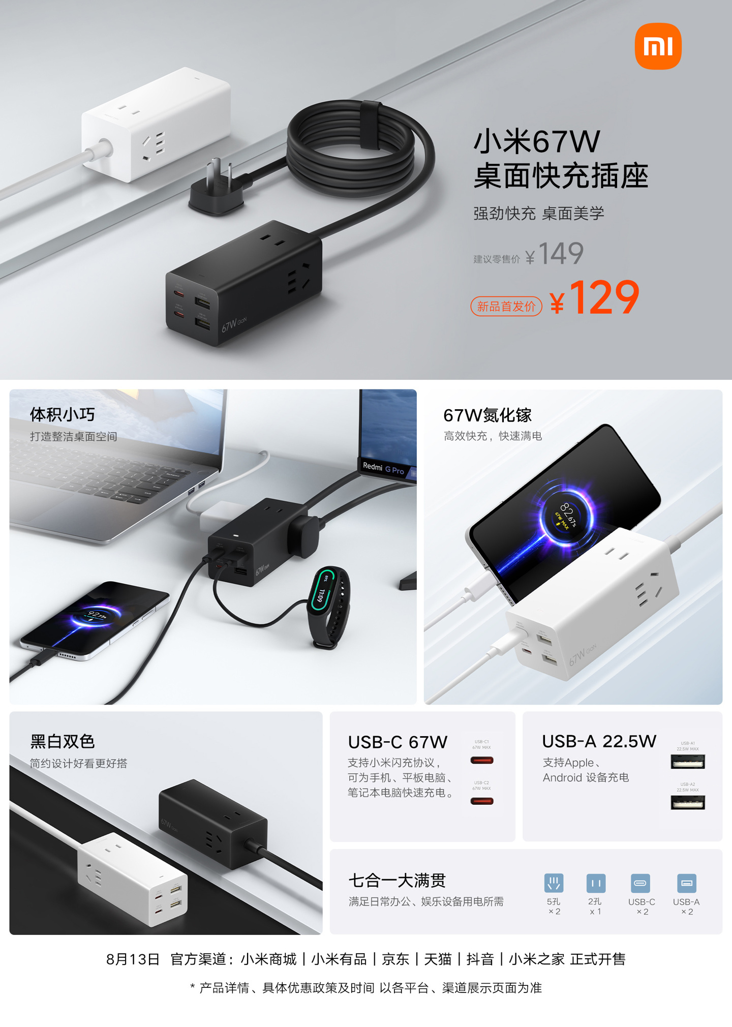 小米67W桌面快充插座上新了，小米的一些产品还是性价比很强的，首发价129 ​​