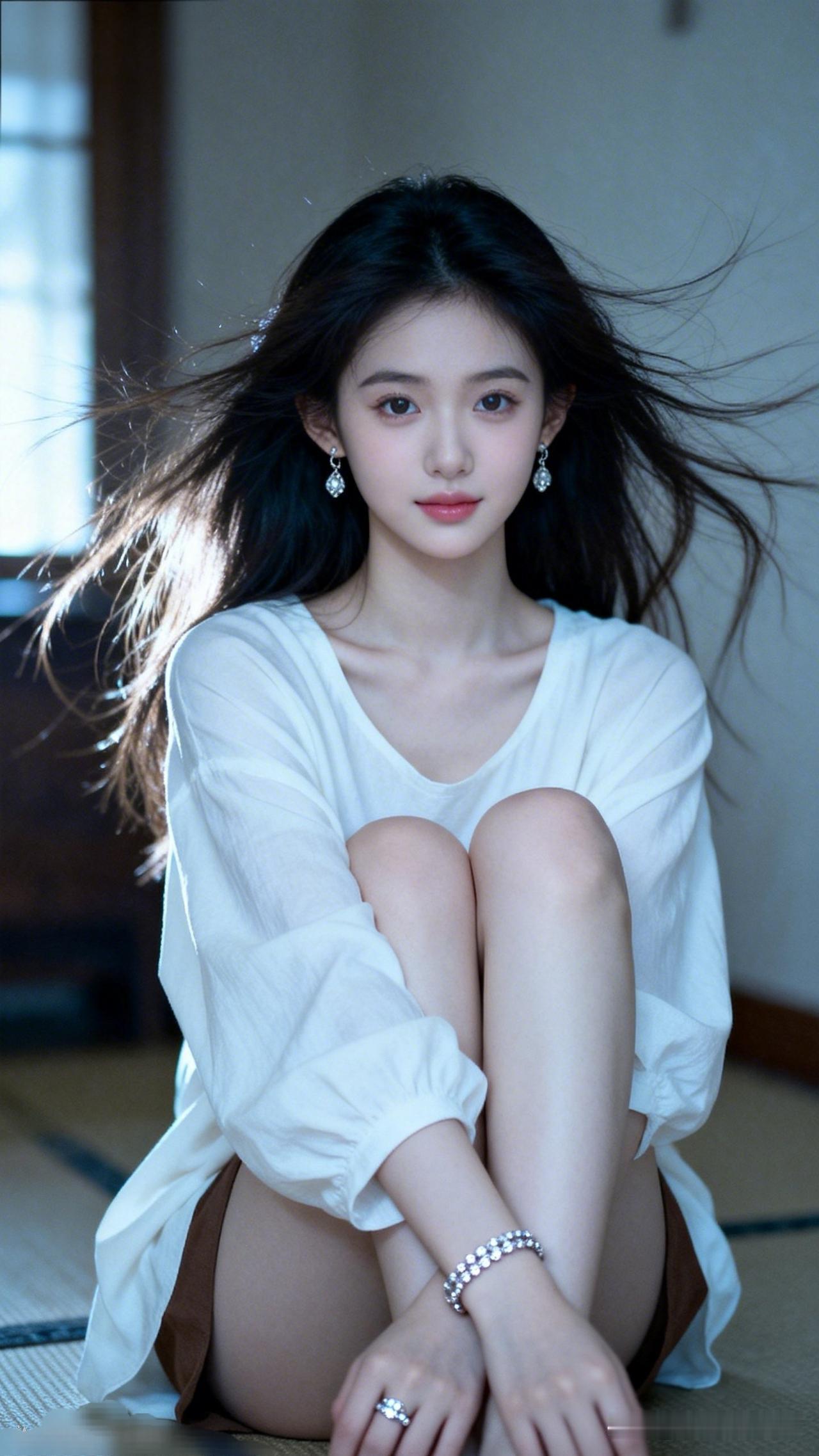 温柔甜美的少女，白色衬衫与自然光相映成趣，散发着宁静优雅的气息。
