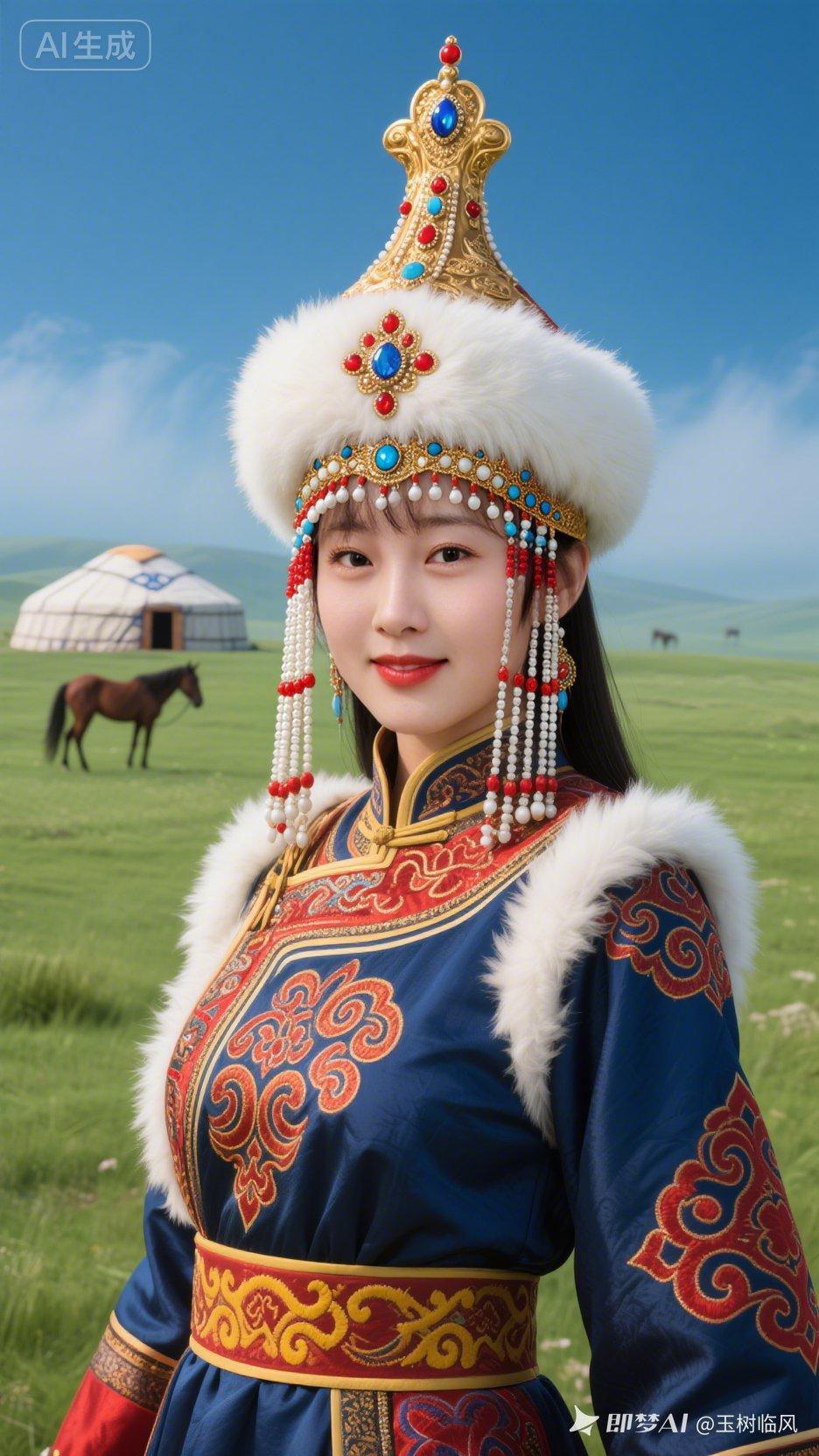 草原上的美丽公主，身着华丽的蒙古服饰，背景是辽阔的草原和蒙古包。