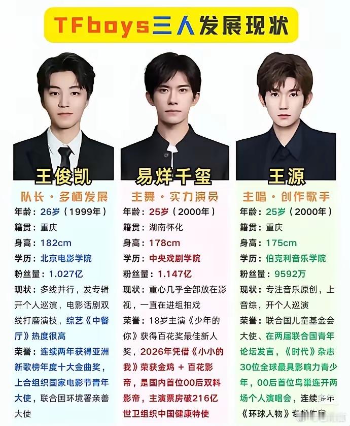 TFboys三人发展现状，总体而言各自在喜欢的领域都发展良好，取得不俗成就。在我