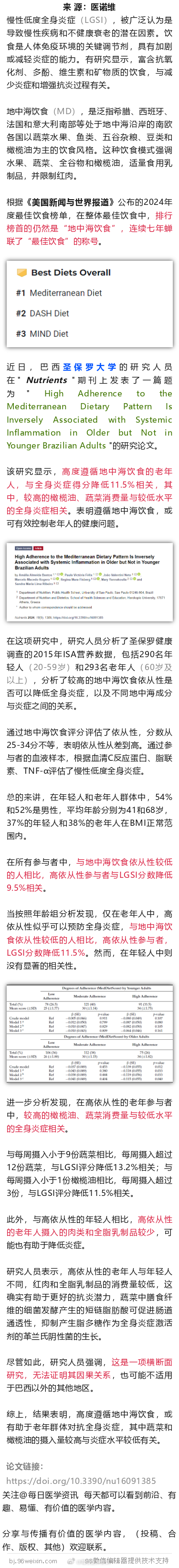这种饮食方式连续7年居榜首！新研究发现，它还能降低全身炎症近日，巴西圣保罗大学的