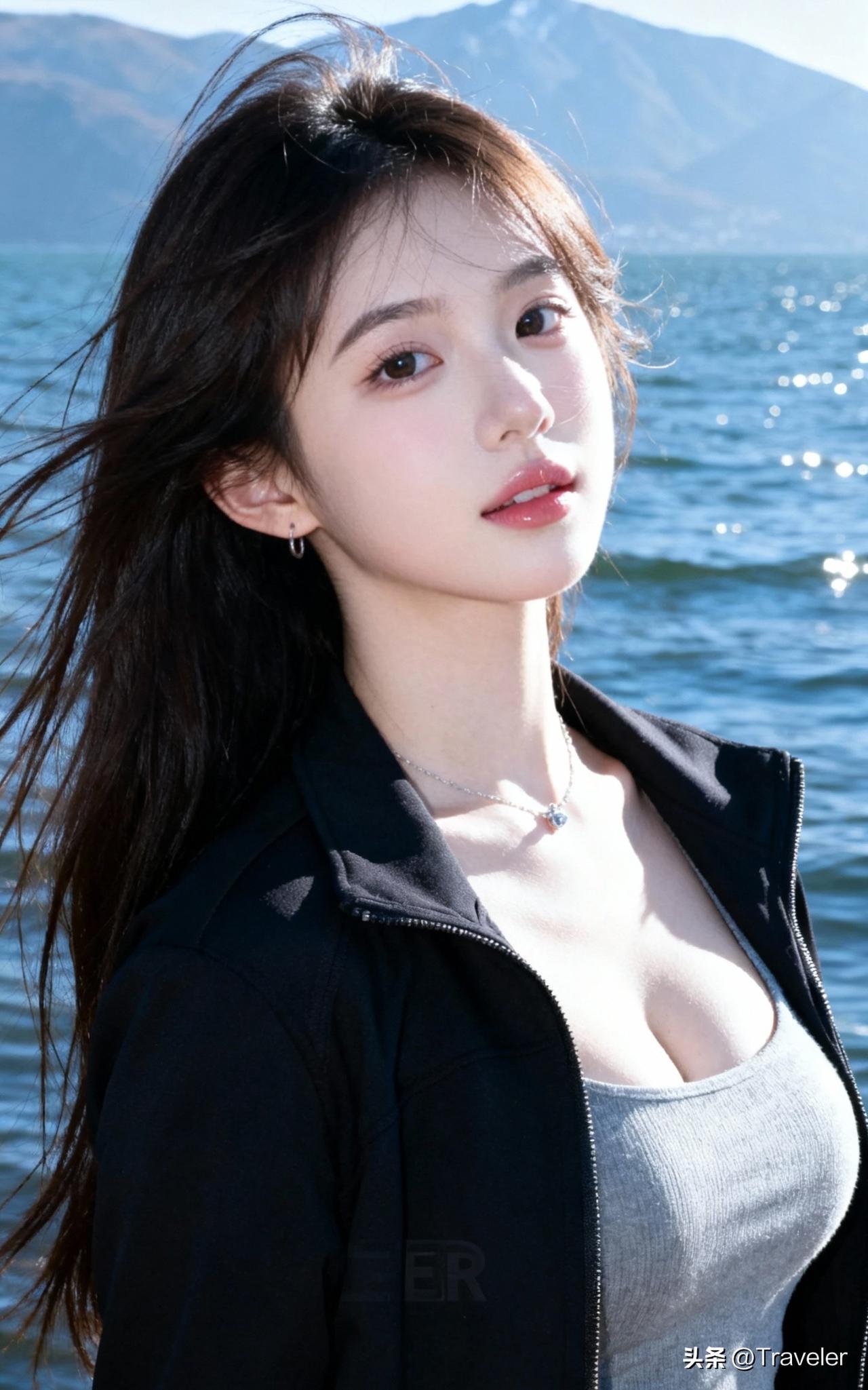 水天一色处，佳人似画来。