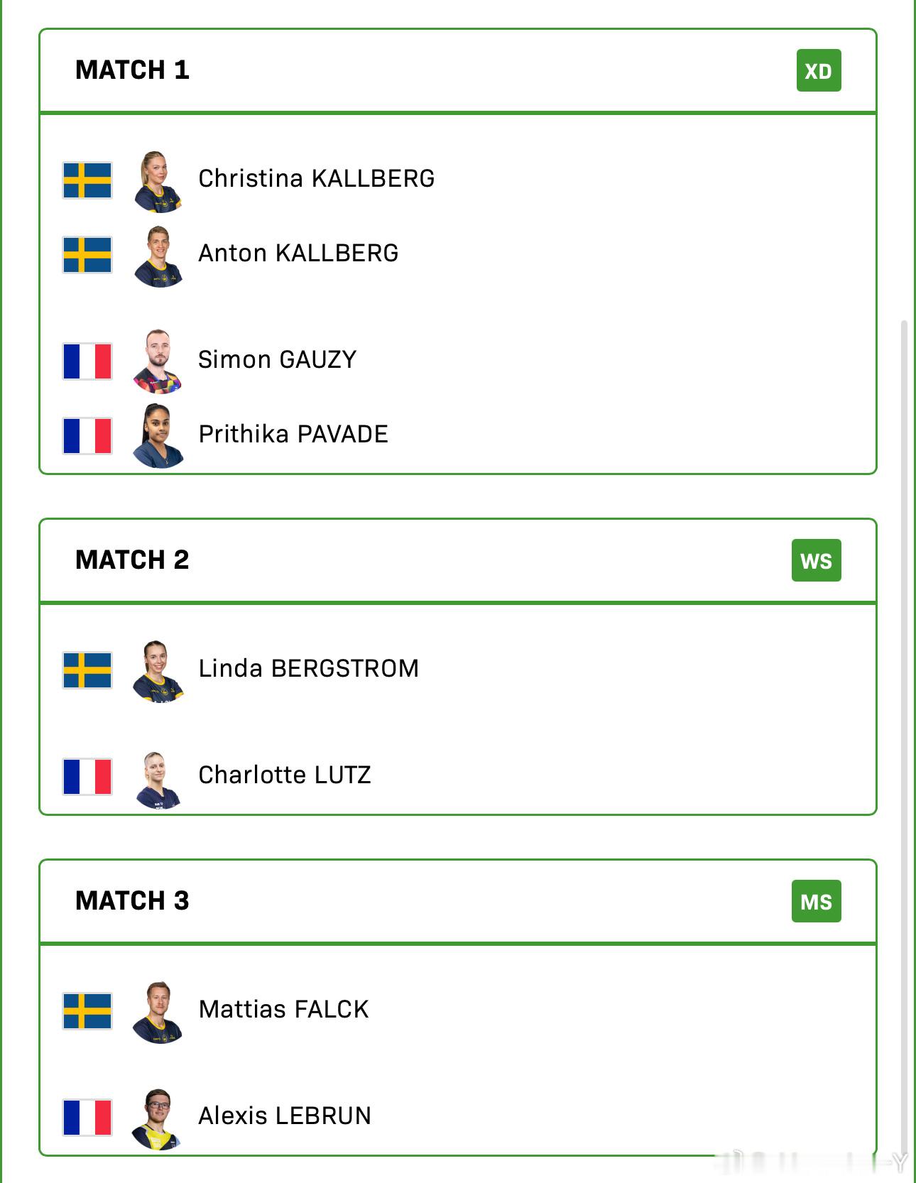 2025混合团体世界杯循环赛瑞典VS法国卡尔伯格兄妹VS高茨/帕瓦德琳达VS夏洛