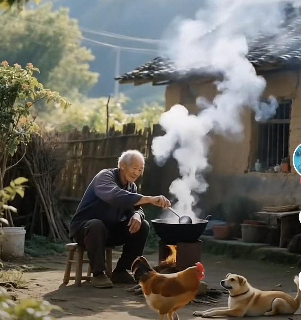 乡村生活，老爷爷在灶台前做饭，狗和鸡在旁陪伴，温馨宁静。仙人般的生活。