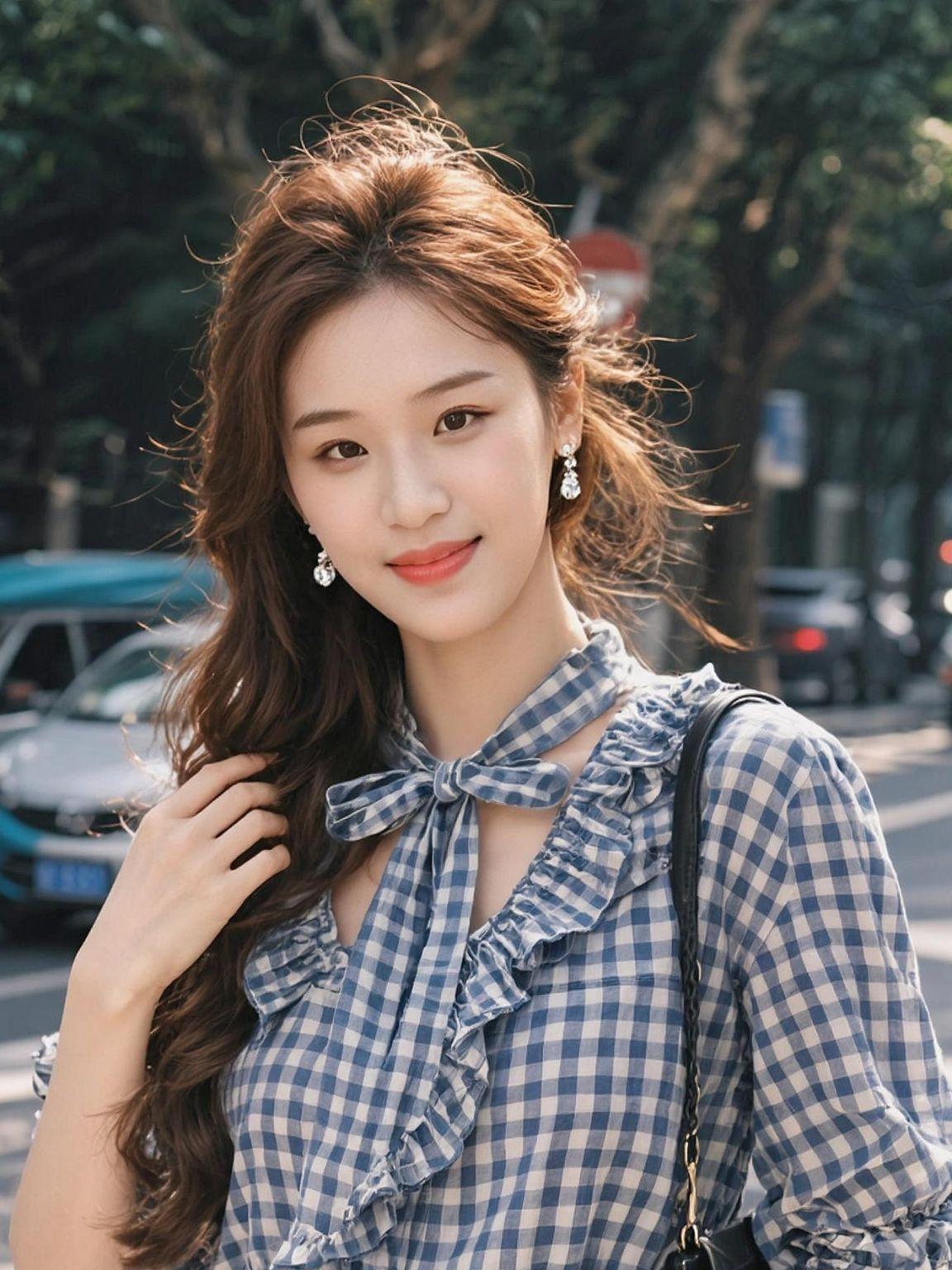 这格子衬衫仿佛是城市街头的一抹温柔，阳光洒在肩头，像是给平凡的日子加了层滤镜。街