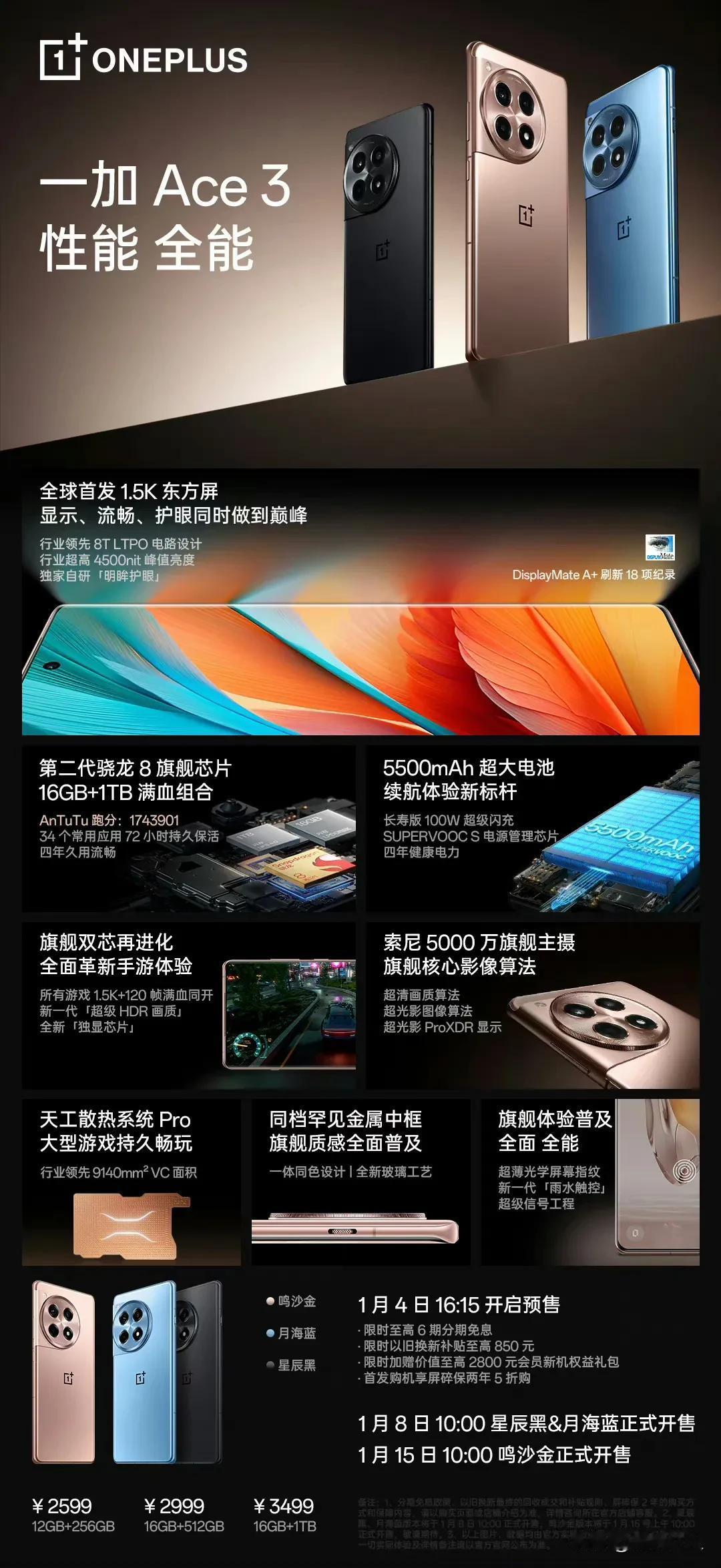 刚刚发布的一加Ace3手机16GB+1TB版本才3499，金属中框，BOE 1.