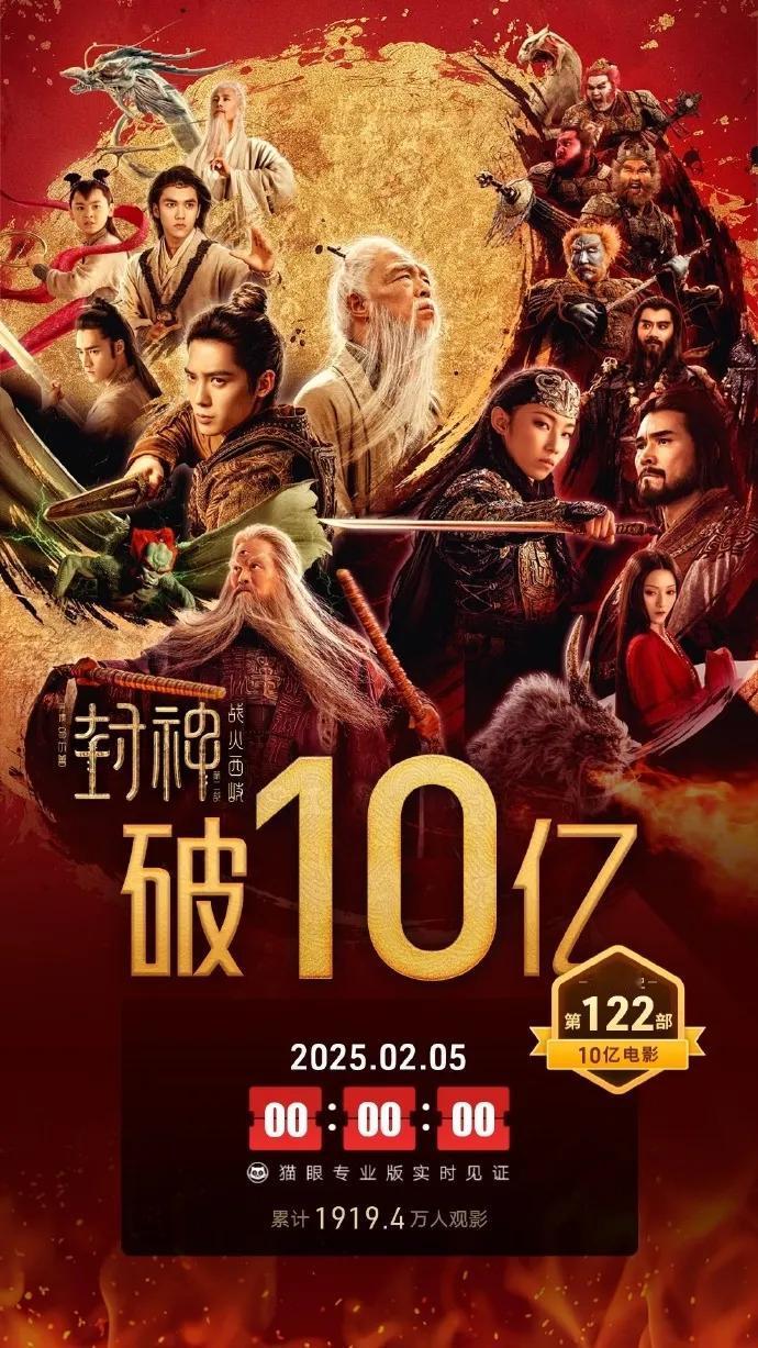 电影《封神2》票房破10亿
截止2月5日0时，封神第二部：战火西歧总票房已破10