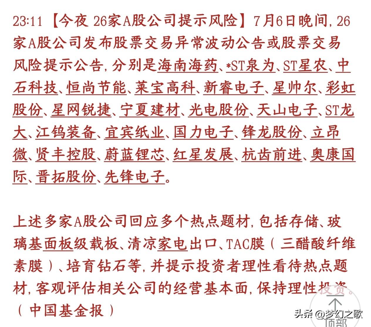 行情不好，依然有26家个股提示风险，有这些个股的股民注意了
7月6号晚上一共有2