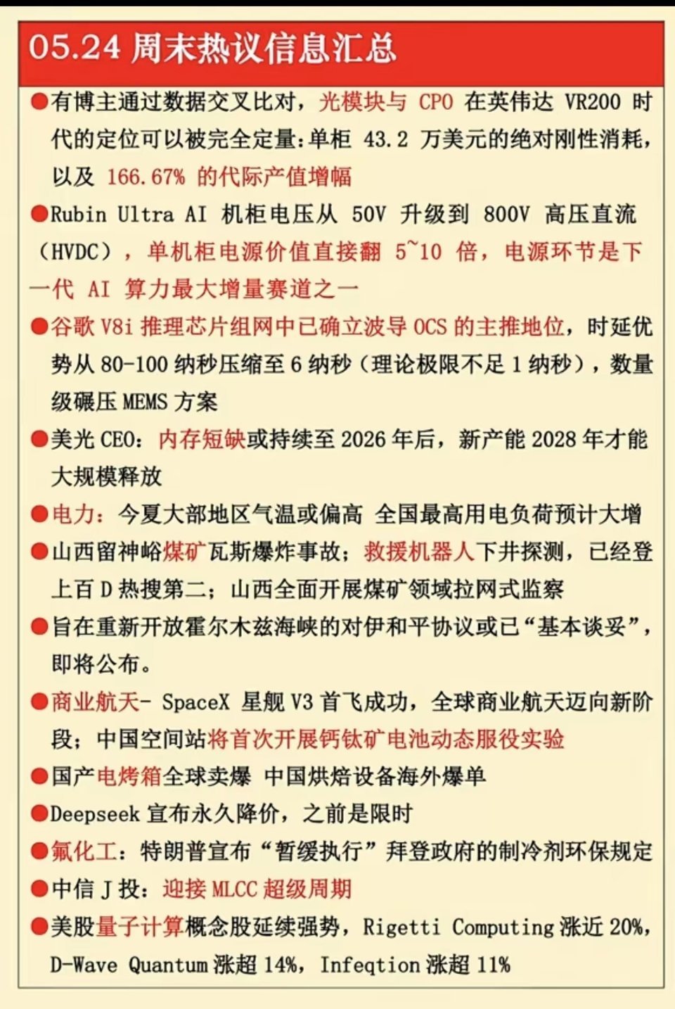 5.24周日  晚间  财经信息汇总！1.光模块与CPO2.单机柜电源，电力3.