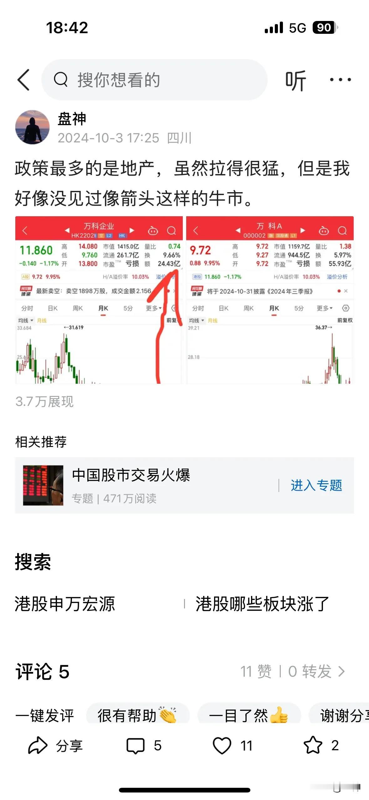 港股万科最高回调50%，从上周最高点14到最低7块钱以下，仅仅只需要一周时间。