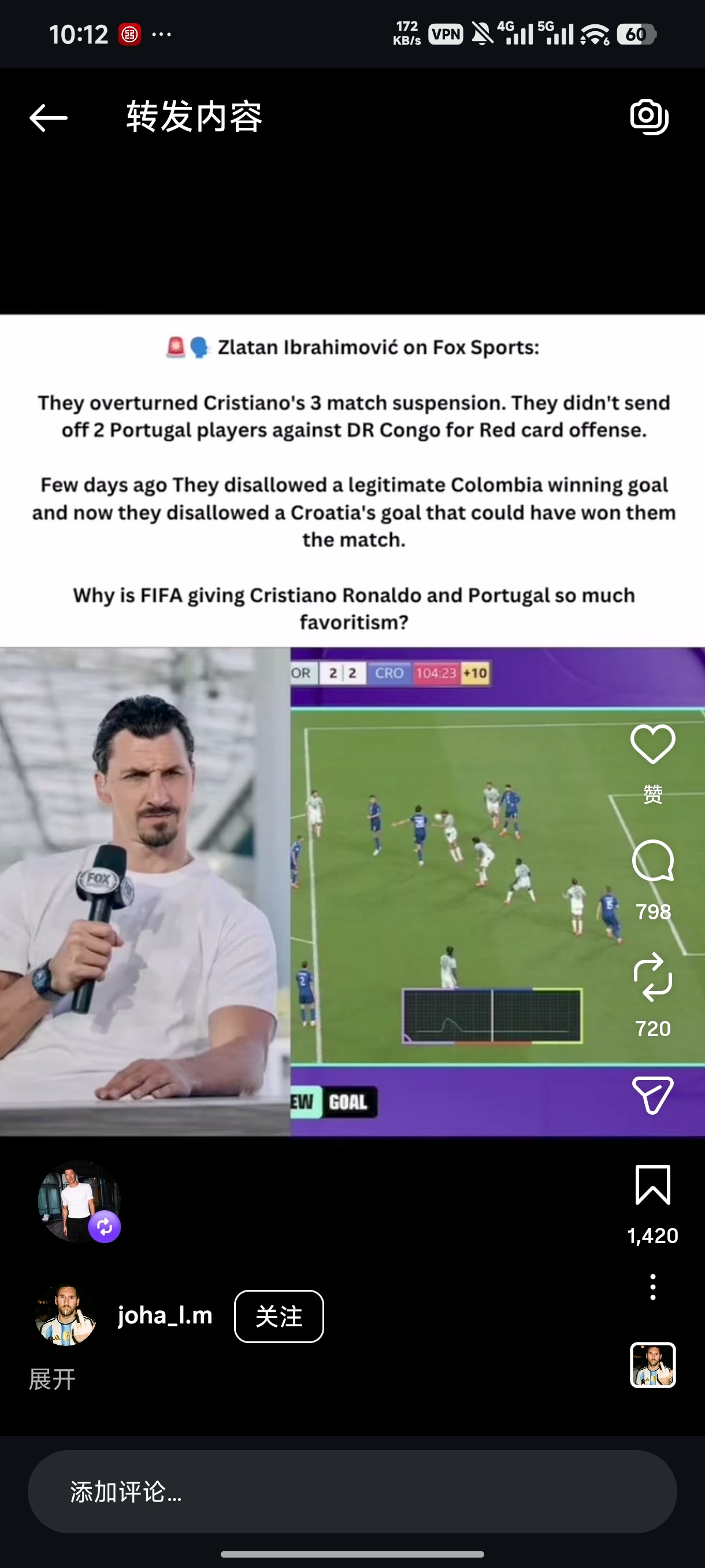 莱万多夫斯基ins转发：伊布拉希莫维奇在 Fox Sports 节目中说的话：“