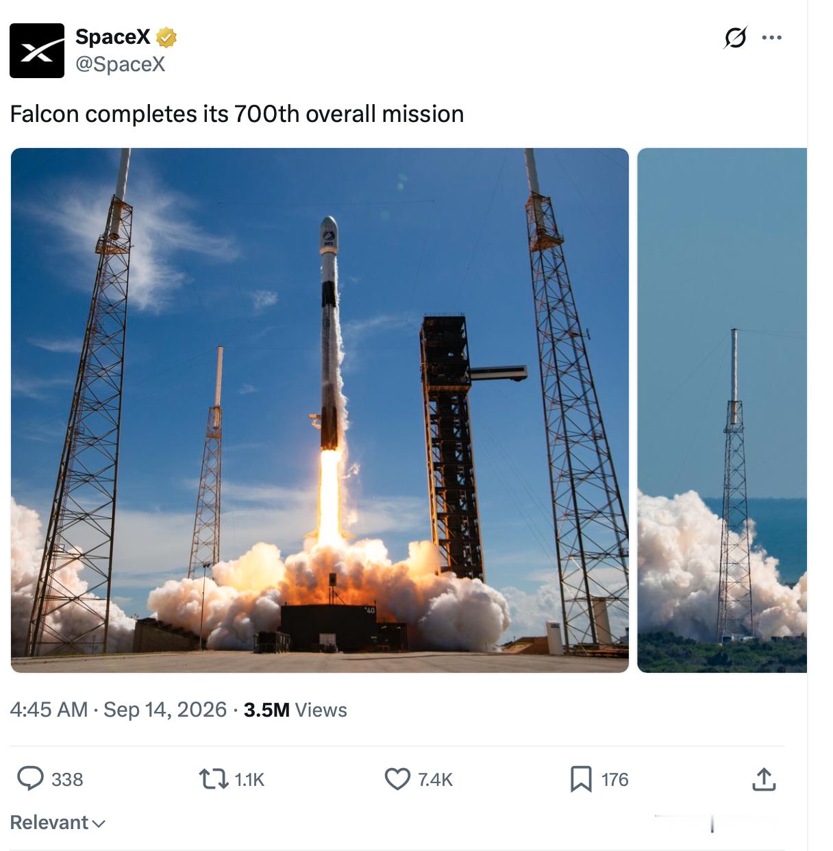 猎鹰9号：685 次成功完成任务；另有 2 次升空后的任务失败，因此累计发射尝试