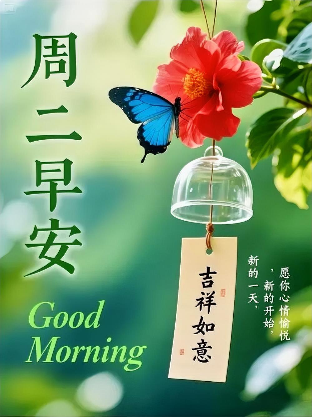周二早安！蓝蝶吻红花开，风铃摇落吉祥如意，愿你新的一天心情愉悦，元气满满。
每日
