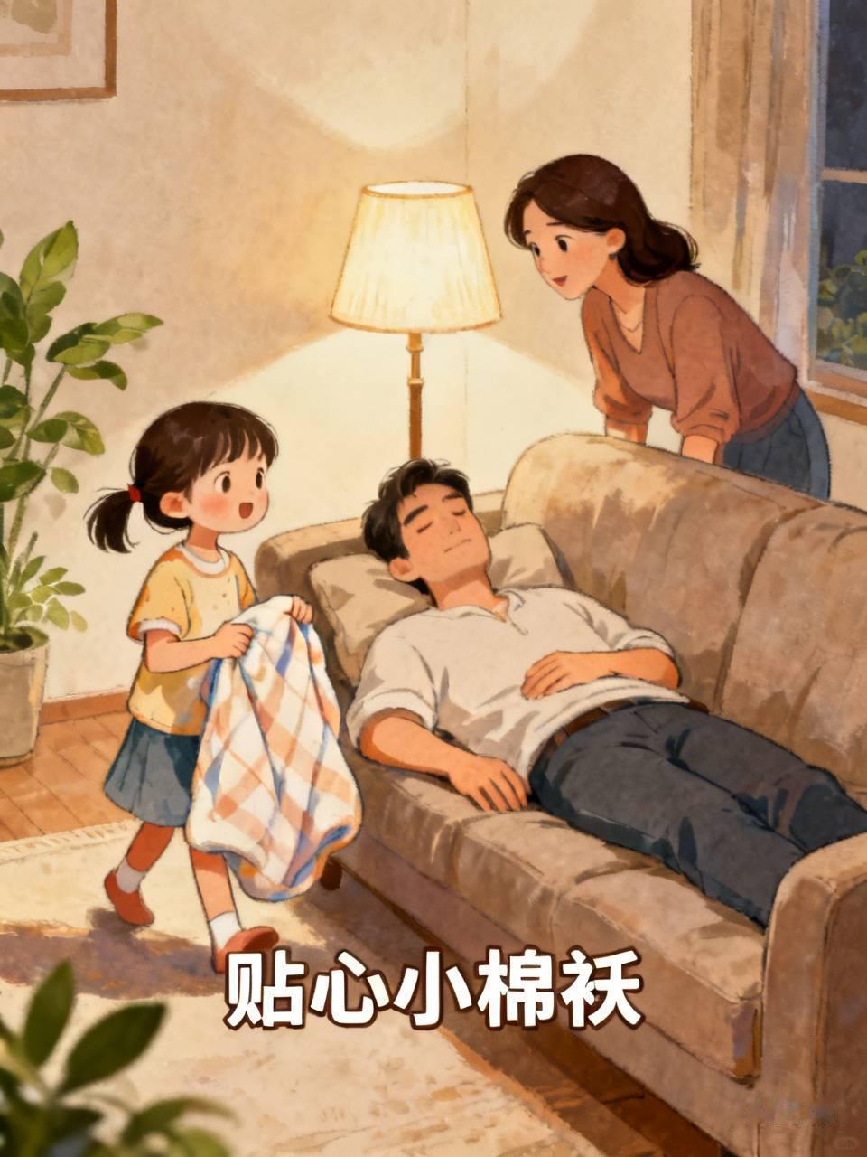 看到有爸爸醉酒后被妈妈赶到客厅，还穿着尿不湿的女儿贴心照顾，拿小被子给爸爸盖上，