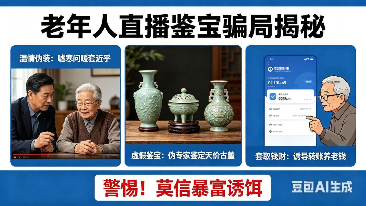 针对老年人的直播鉴宝骗局接连曝光，令人痛心又警醒。骗子以温情为伪装，用暴富作诱饵