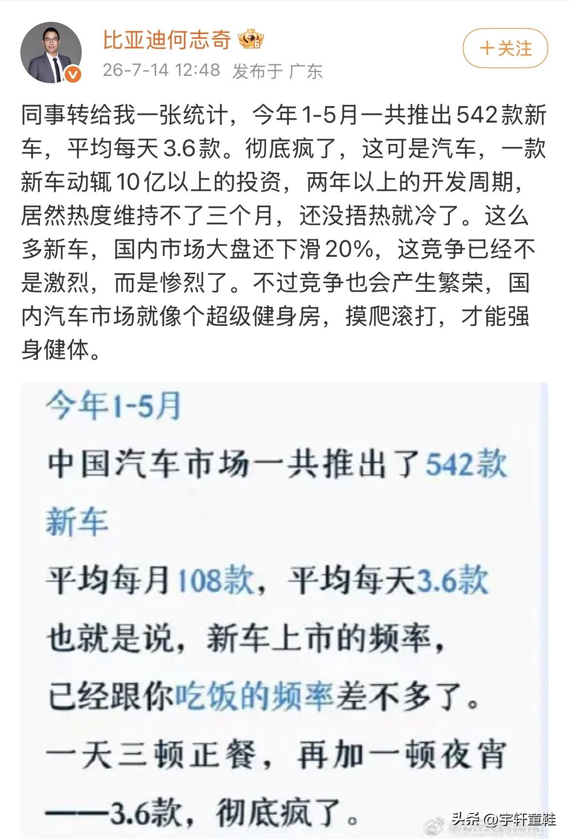 “今年1-5月一共发布了542款新车，平均每天发布新车3.6款，彻底疯了！一款汽