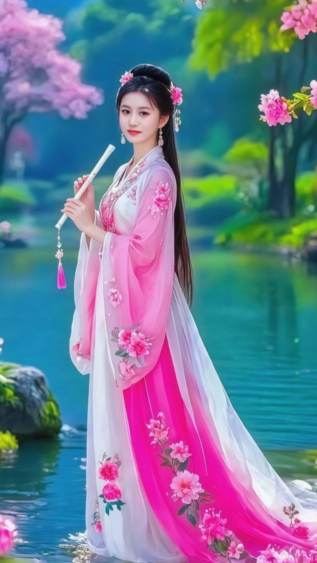 粉嫩古风少女，花间吹箫，梦回古代