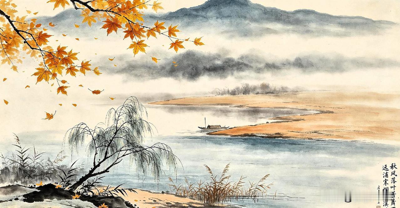上联：秋风落叶萧萧下，
下联：远浦寒烟漠漠浮。
 
简评
 
秋风‑远浦，落叶‑