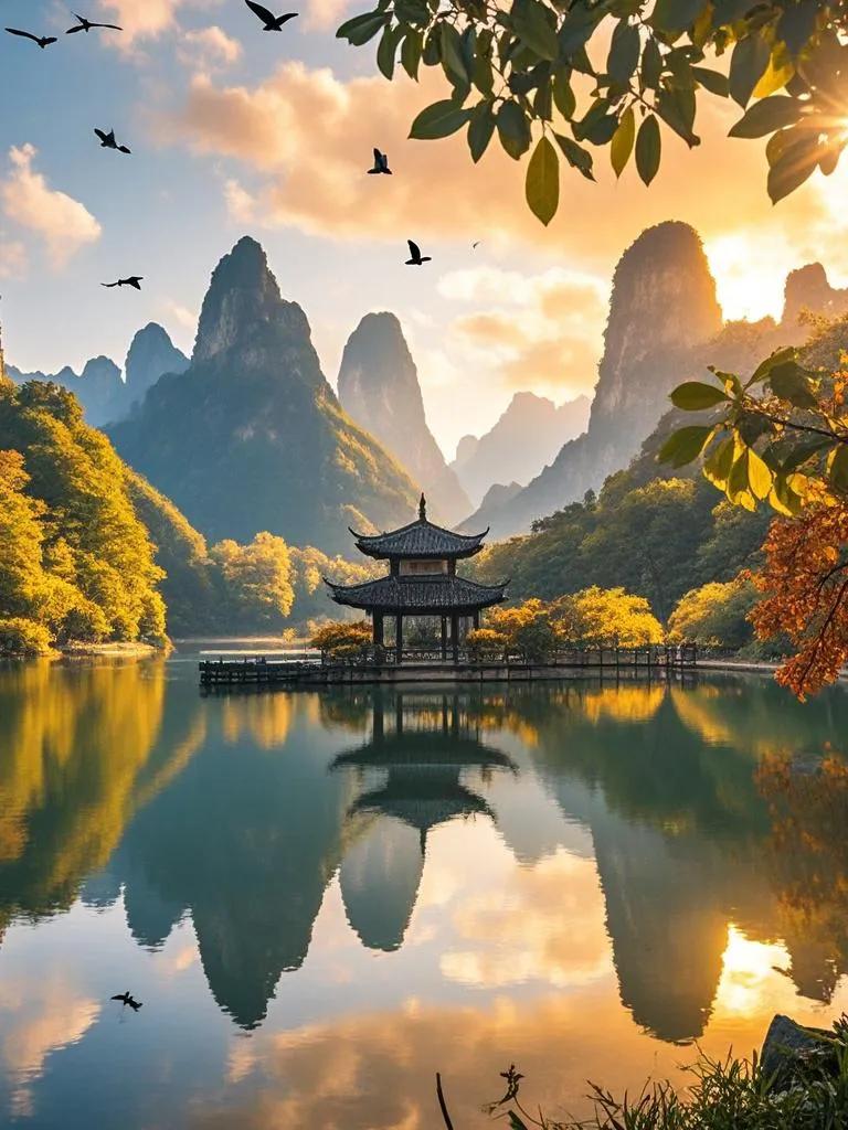  索溪峪度假区，夕阳秋韵两相交，桂香幽淡入云霞，林影湖光暮色迢。夕阳西下映彩艳 