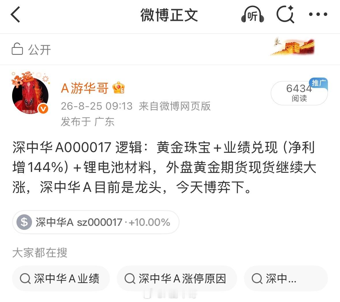 昨天分享的深中华A000017，今天强势涨停封板，昨天一字打开了下，昨天我没有排
