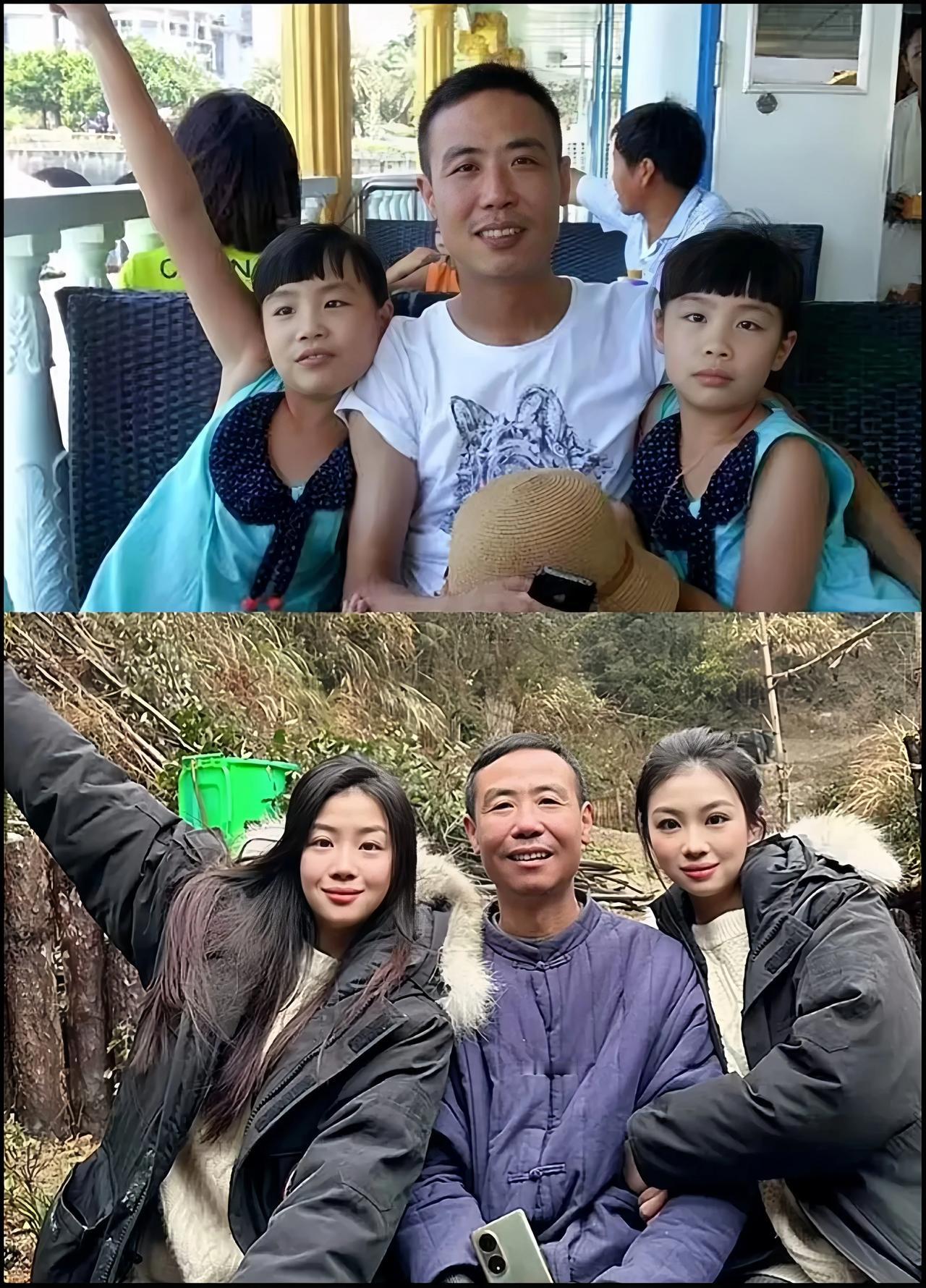 爸爸，两个女儿，跨越20年的合影。
懵懂无知的童年，再到漂亮迷人的大姑娘。