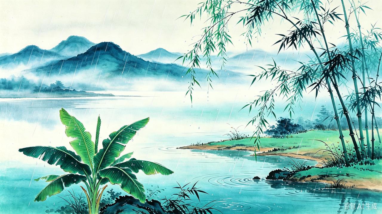 上联：湖山翠滴芭蕉雨，
下联：野岸轻扬竹柳风。
