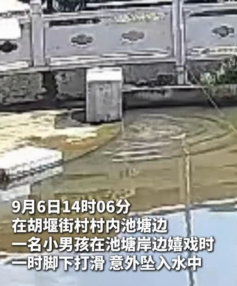 近日，浙江永康胡堰街村，一个小男孩在水塘边玩，突然掉了进去。

还好，他抓住了安