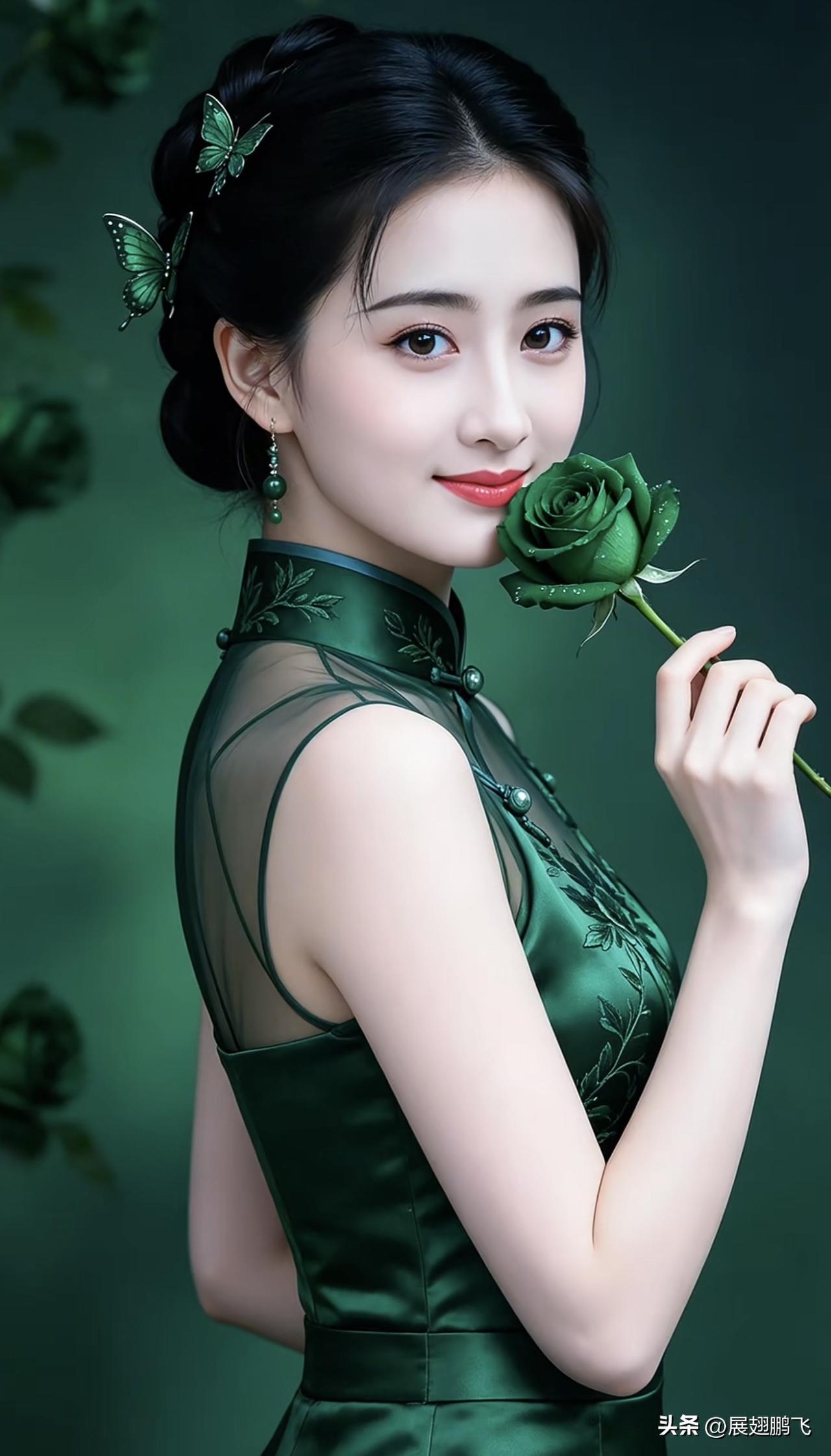 优雅绿衣少女，手持玫瑰，蝴蝶翩翩，古典韵味十足。红衣花裙少女 古典红裙少女 绿裙