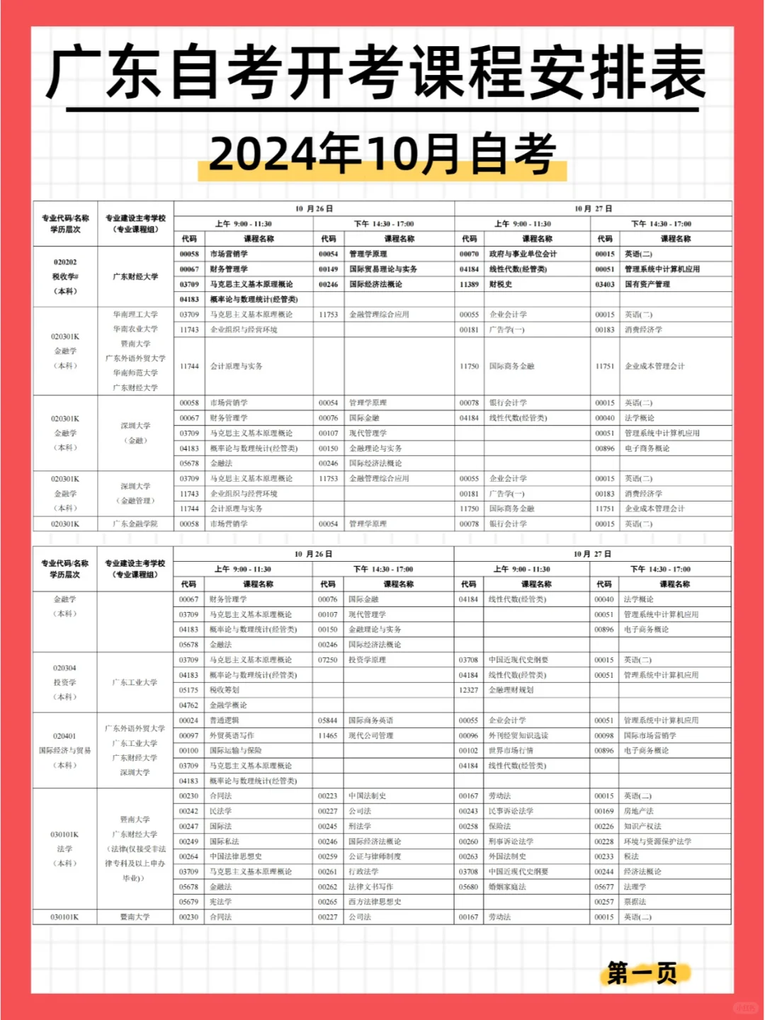 报考时间已出!!10月自考开考科目汇总