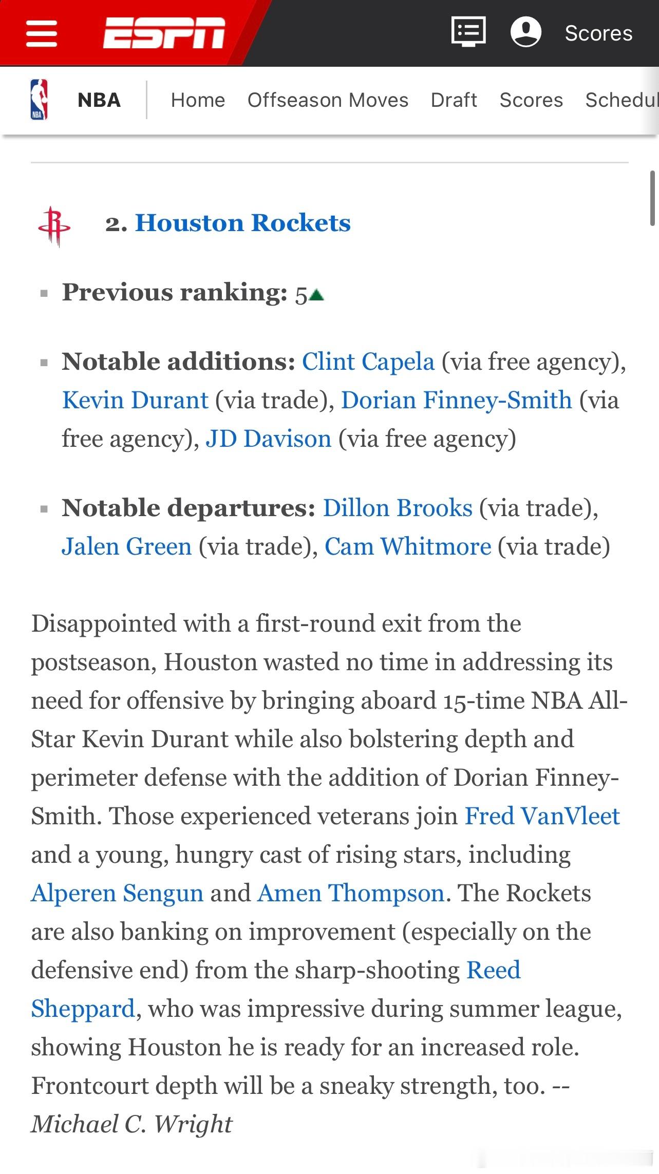 NBA[超话]  最新一期的球队实力榜，ESPN将火箭队排在第2休斯顿火箭 ​​