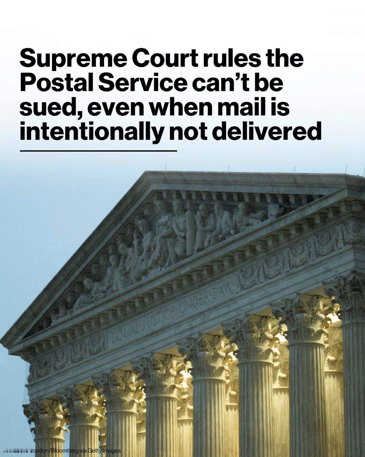 当地时间周二，美国最高法院裁定美国公民不能起诉美国邮政服务，即使邮政员工故意拒绝