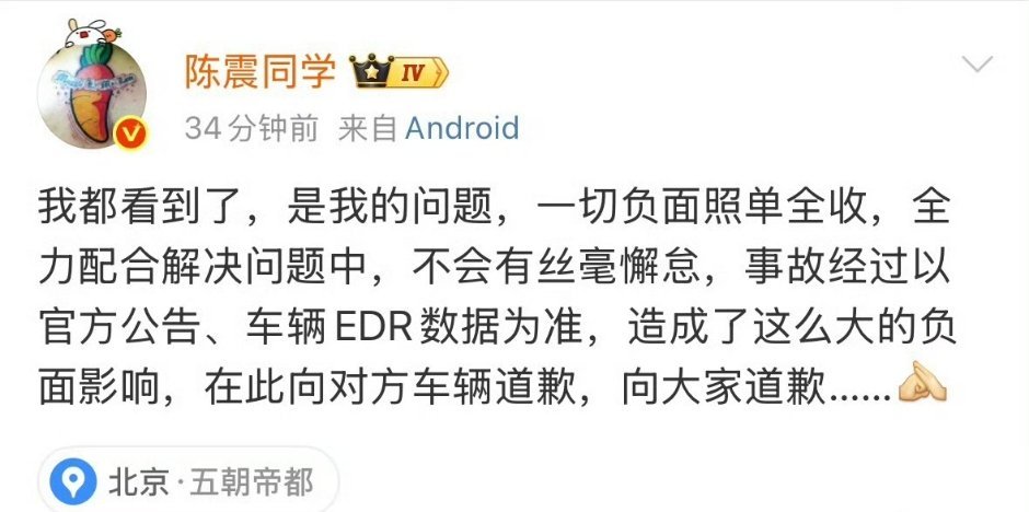 陈震致歉说句实话，这事要搁在我们身上它就是一起普通的交通事故，只不过陈震他是个大