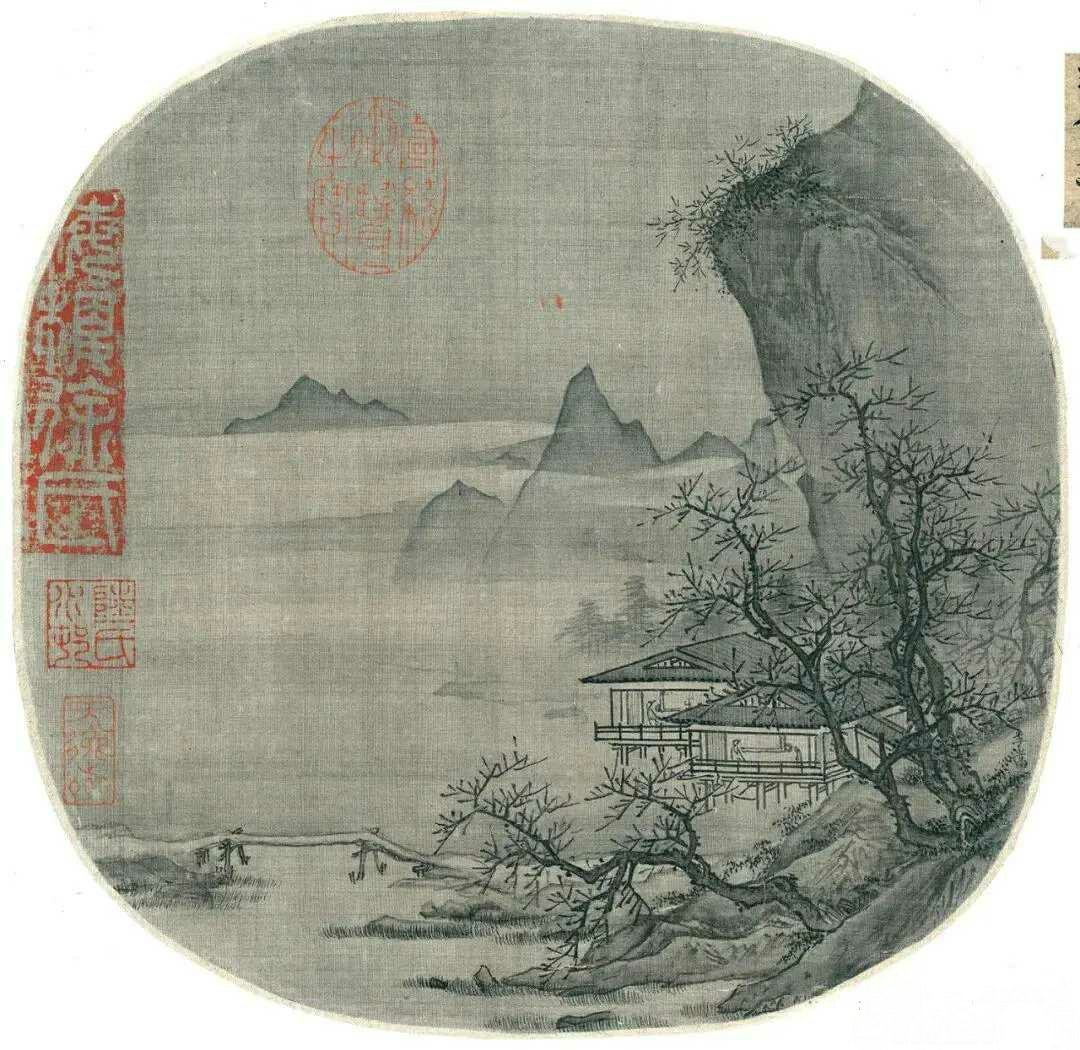 宋 李嵩《溪山水阁图》24.2×24.7厘米 绢本方寸。画中两楹水阁以界尺勾出几