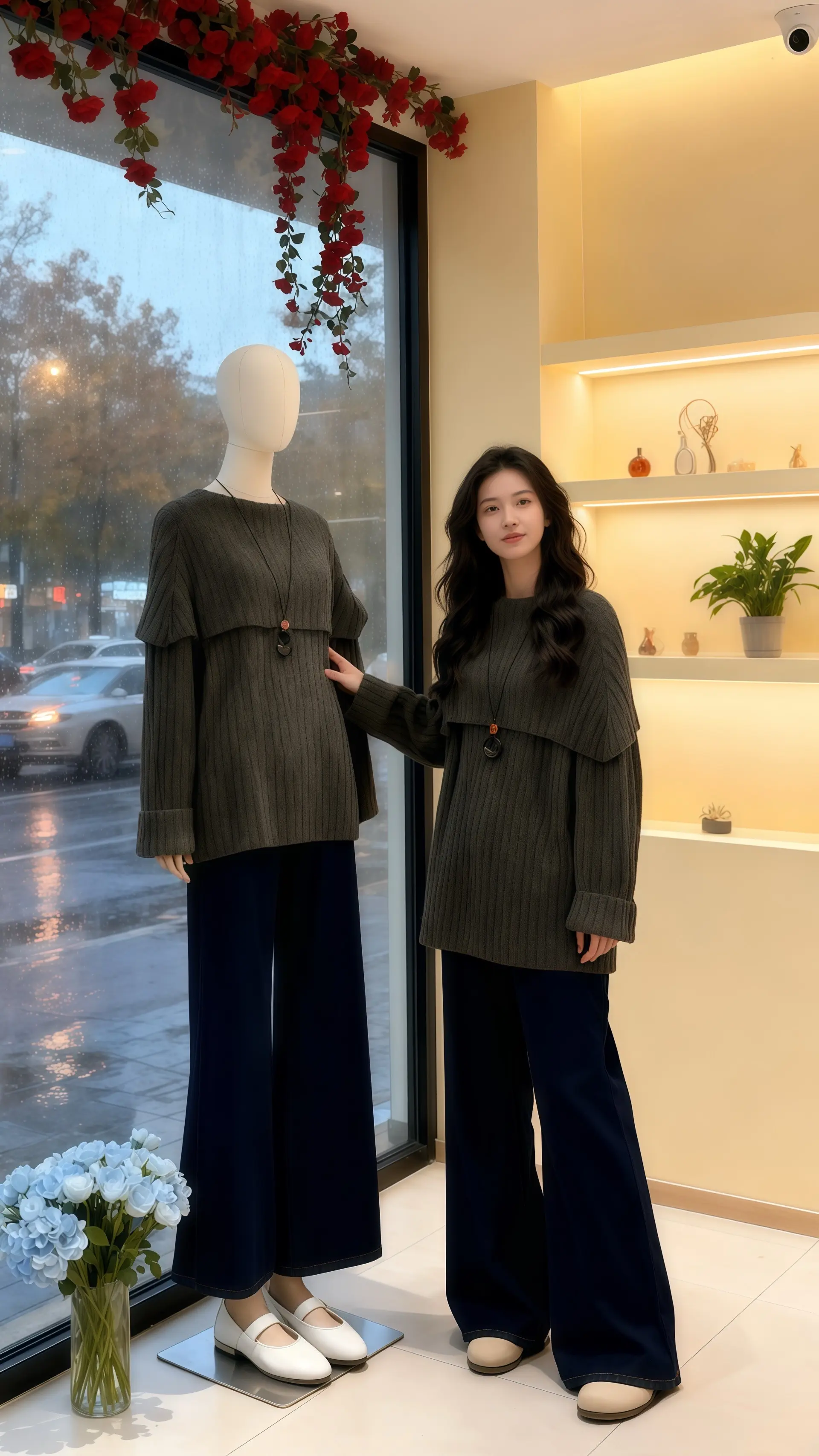 她穿着设计感复古两件套，套头针织上衣的纹理在暖光下泛着细腻质感，复古高...