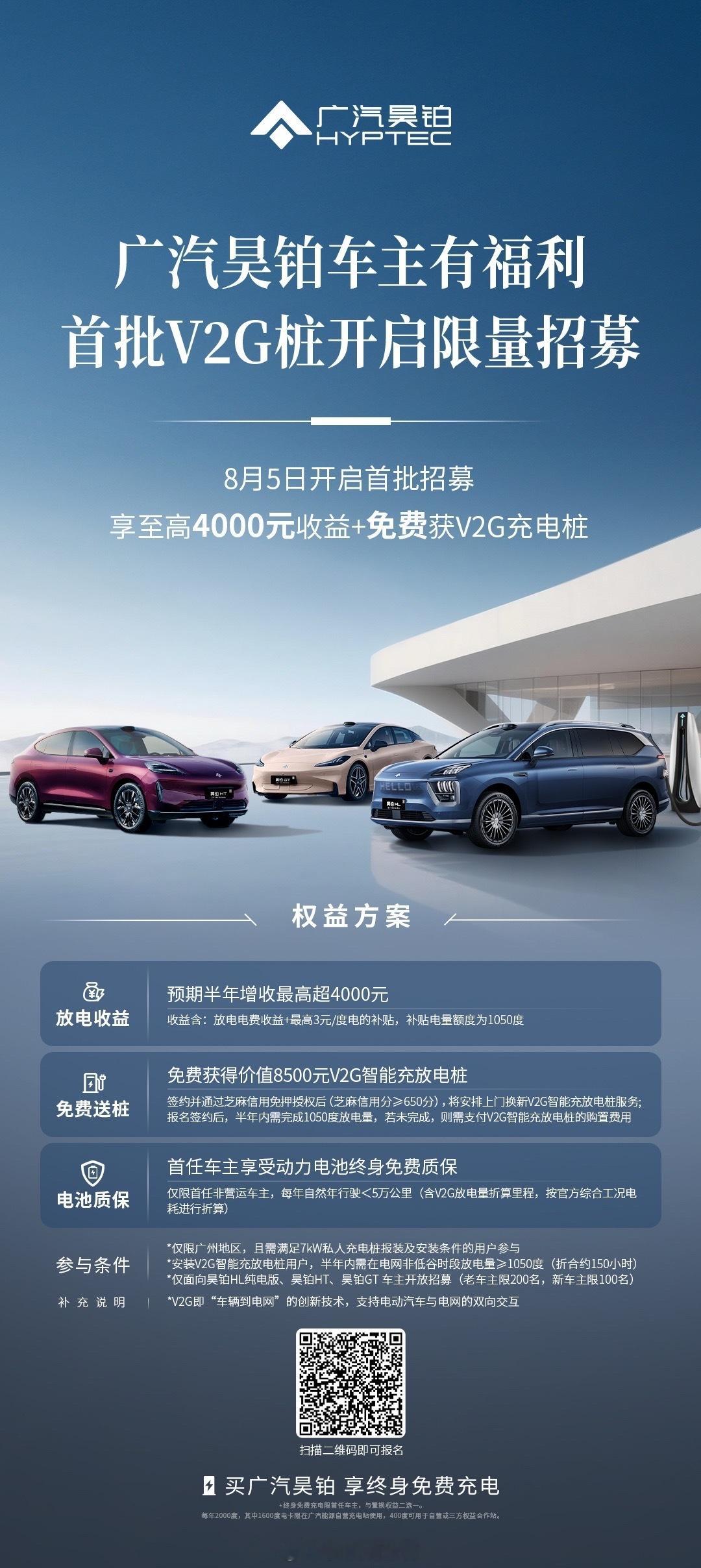 选纯电车，品牌实力与用户权益缺一不可。广汽昊铂 V2G 桩开启限量招募！其 V2