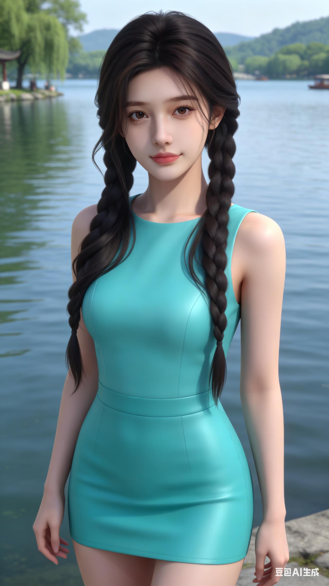 夏日湖畔少女，清新蓝裙，双辫飘逸，如画美景
西湖边美女 
为什么漂亮女生都爱穿短